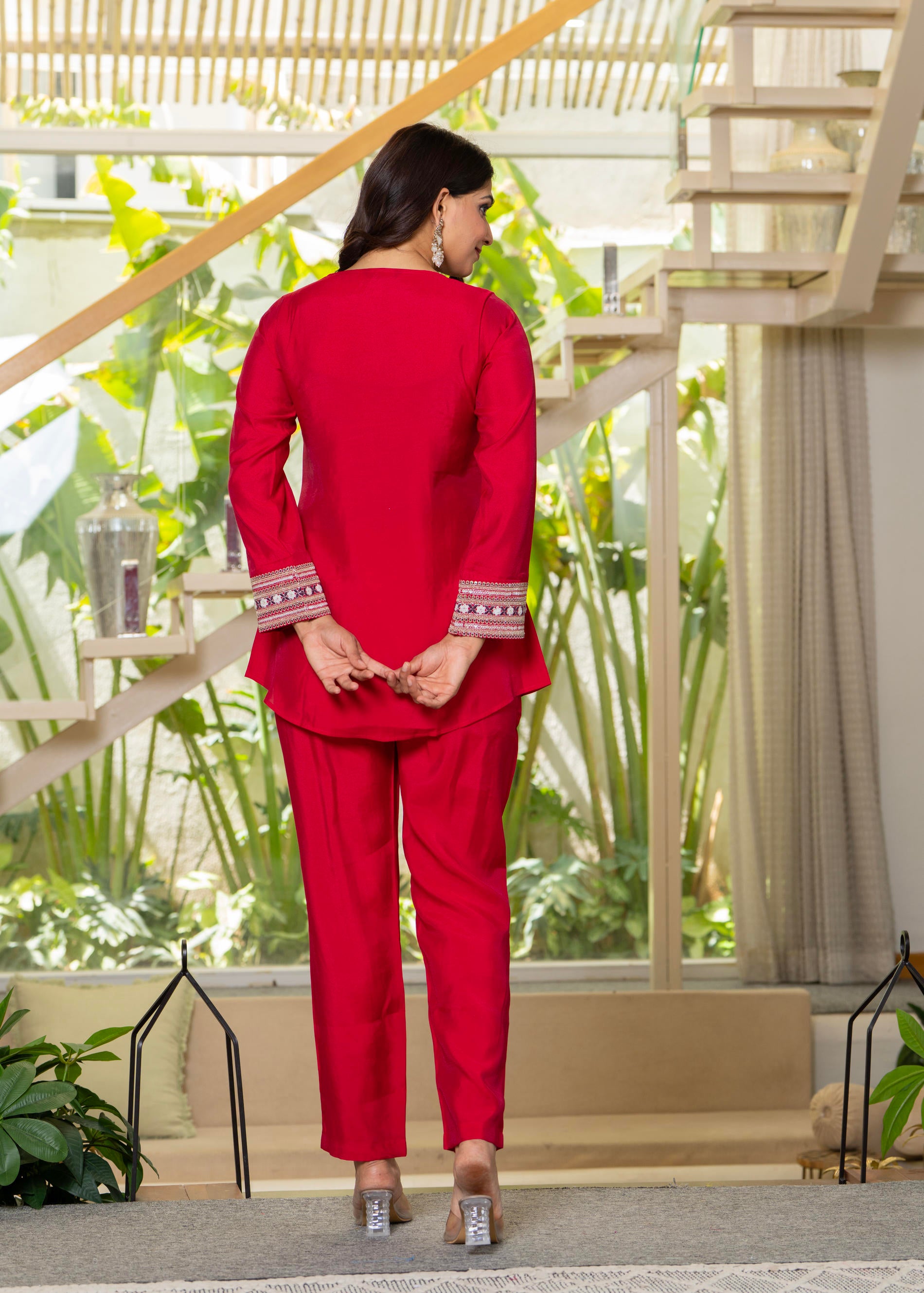 Red Embroidered V-Neck Co-ord Set with Straight Pants