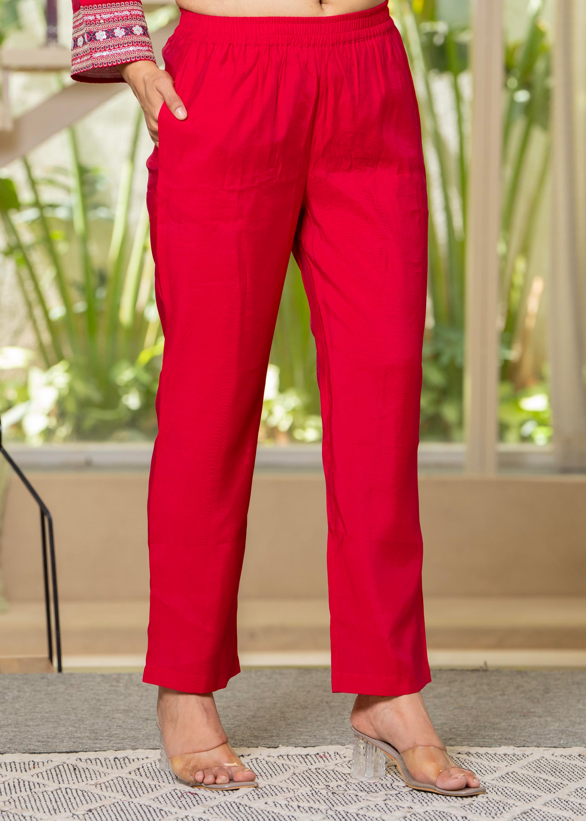 Red Embroidered V-Neck Co-ord Set with Straight Pants