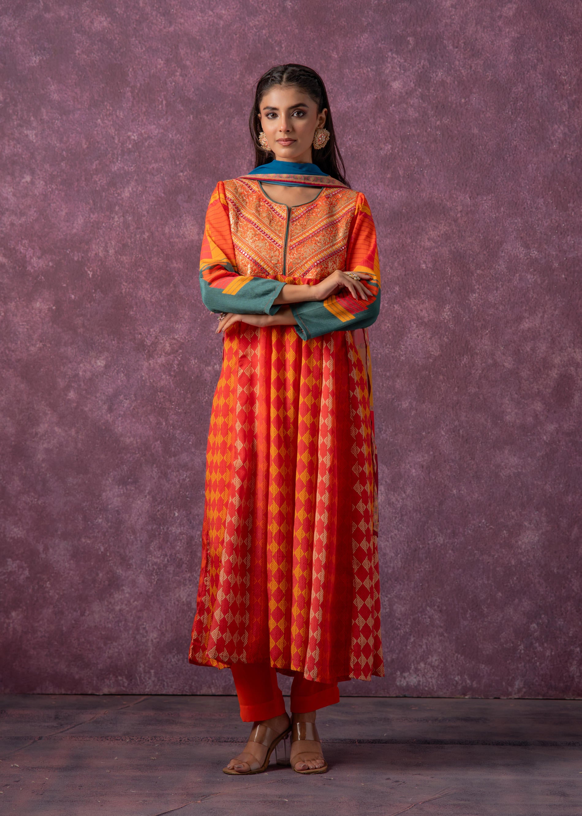Manmade Fiber Orange Embroidered Color Block Kurta Pant Dupatta Set with Mirror & Thread Work