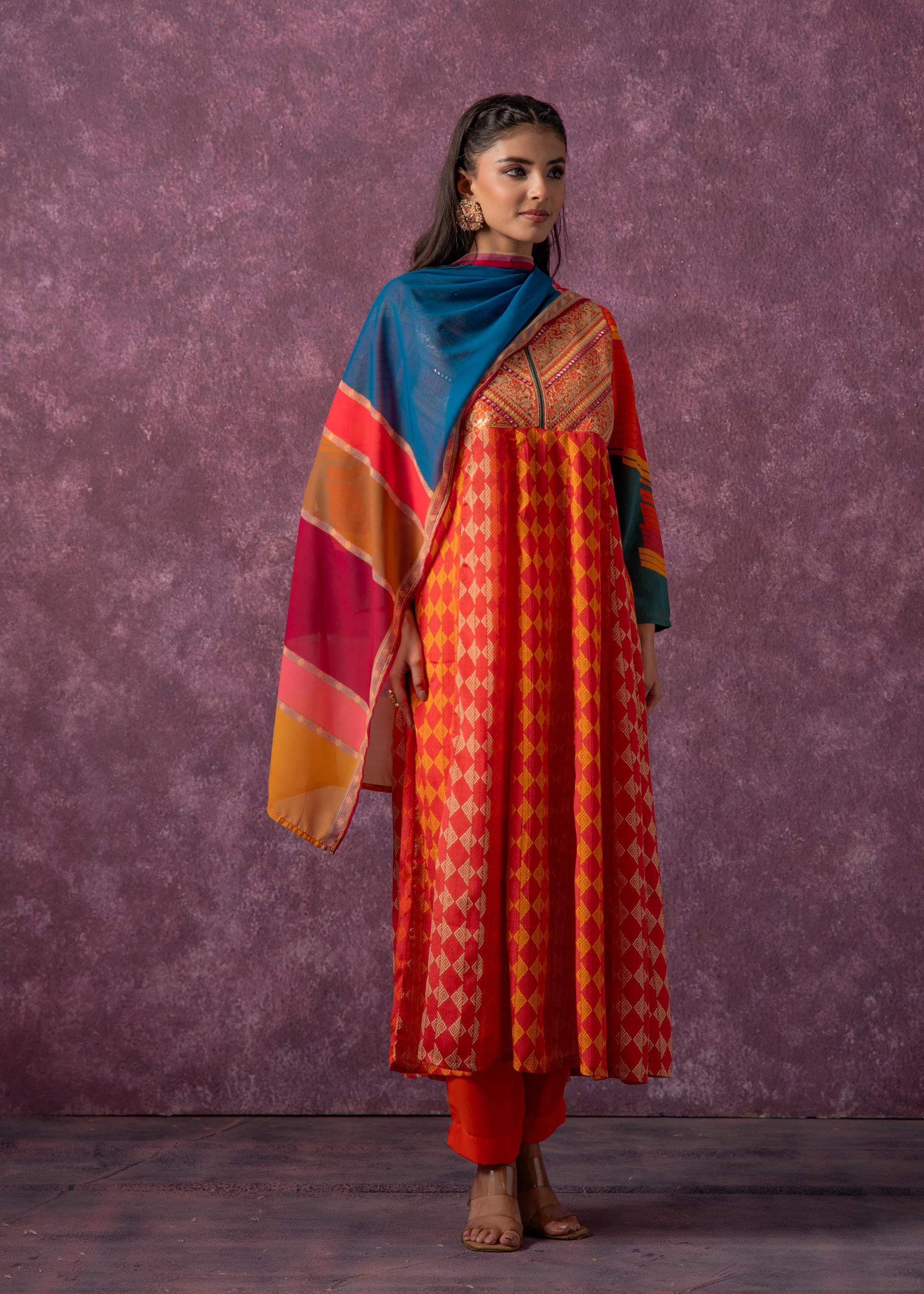 Manmade Fiber Orange Embroidered Color Block Kurta Pant Dupatta Set with Mirror & Thread Work