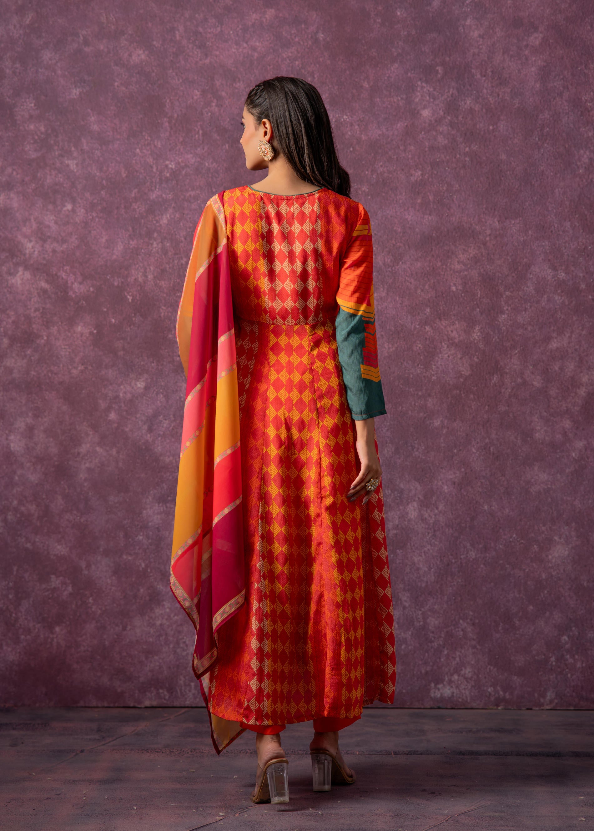 Manmade Fiber Orange Embroidered Color Block Kurta Pant Dupatta Set with Mirror & Thread Work