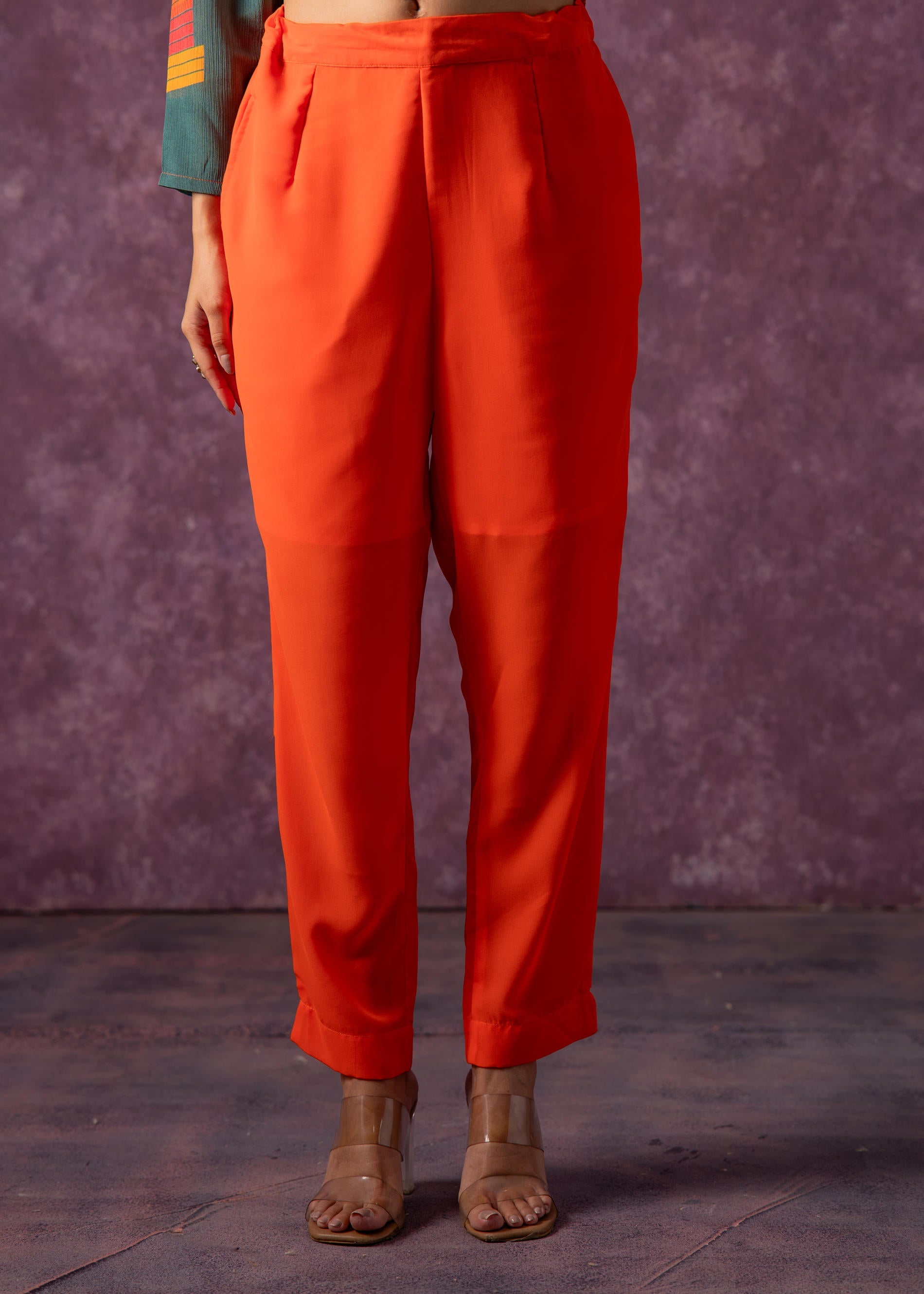 Manmade Fiber Orange Embroidered Color Block Kurta Pant Dupatta Set with Mirror & Thread Work