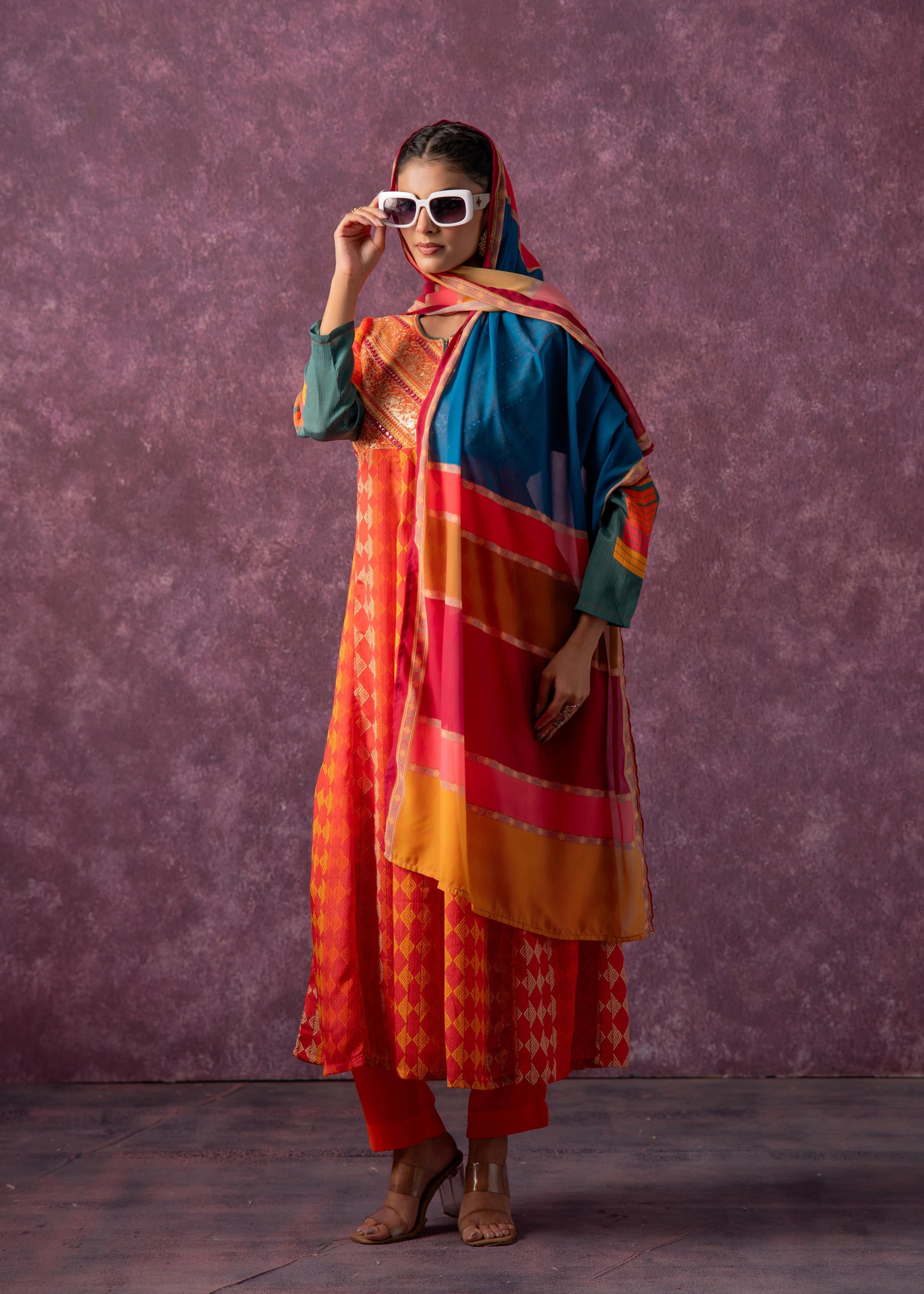 Manmade Fiber Orange Embroidered Color Block Kurta Pant Dupatta Set with Mirror & Thread Work