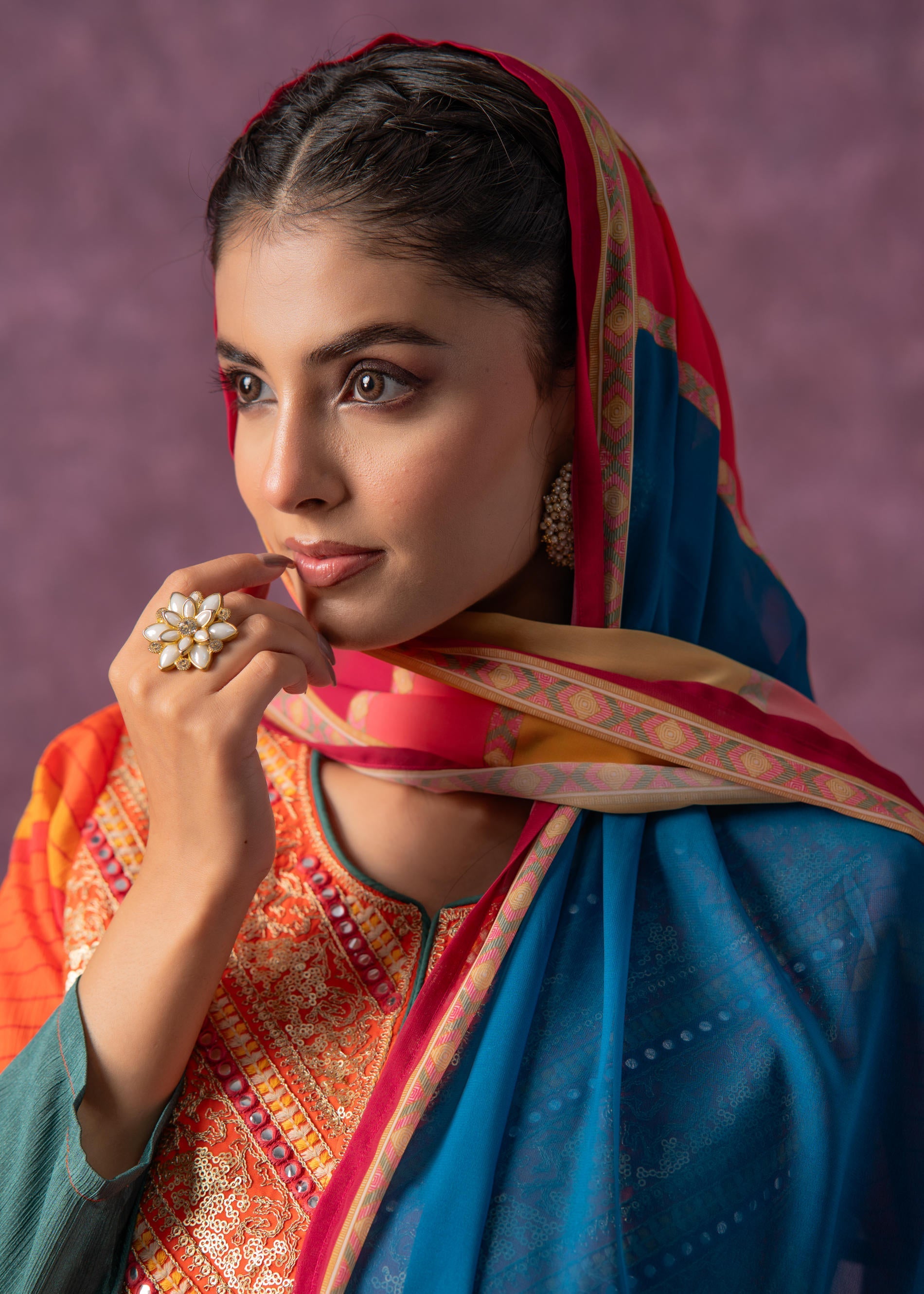 Manmade Fiber Orange Embroidered Color Block Kurta Pant Dupatta Set with Mirror & Thared Work