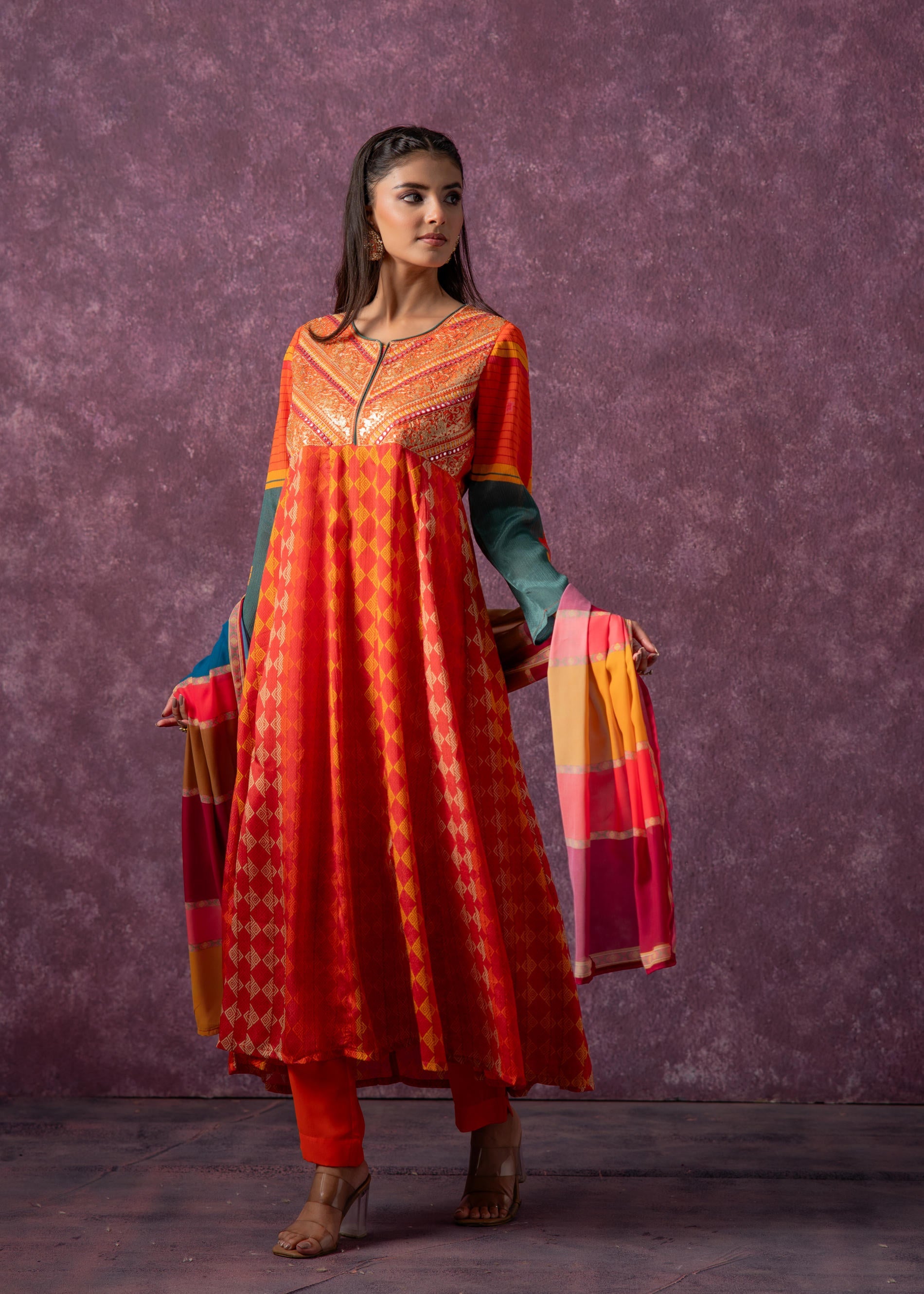 Manmade Fiber Orange Embroidered Color Block Kurta Pant Dupatta Set with Mirror & Thared Work