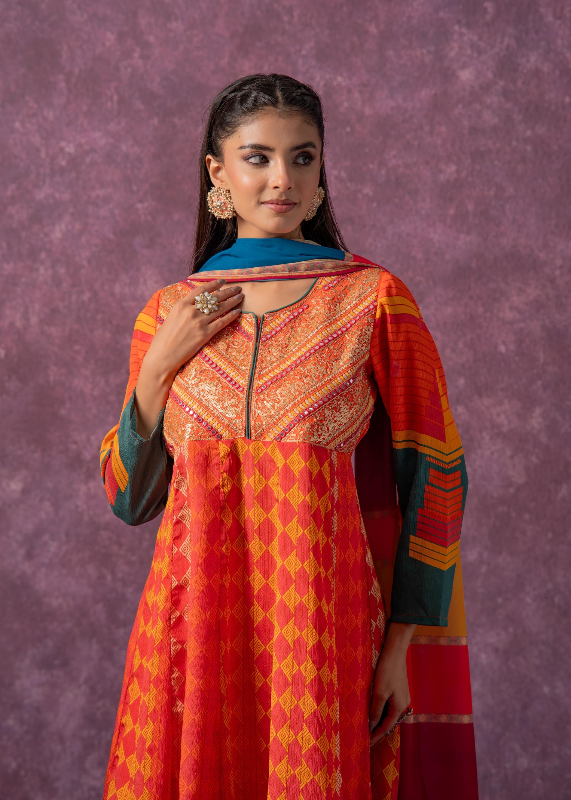 Manmade Fiber Orange Embroidered Color Block Kurta Pant Dupatta Set with Mirror & Thread Work