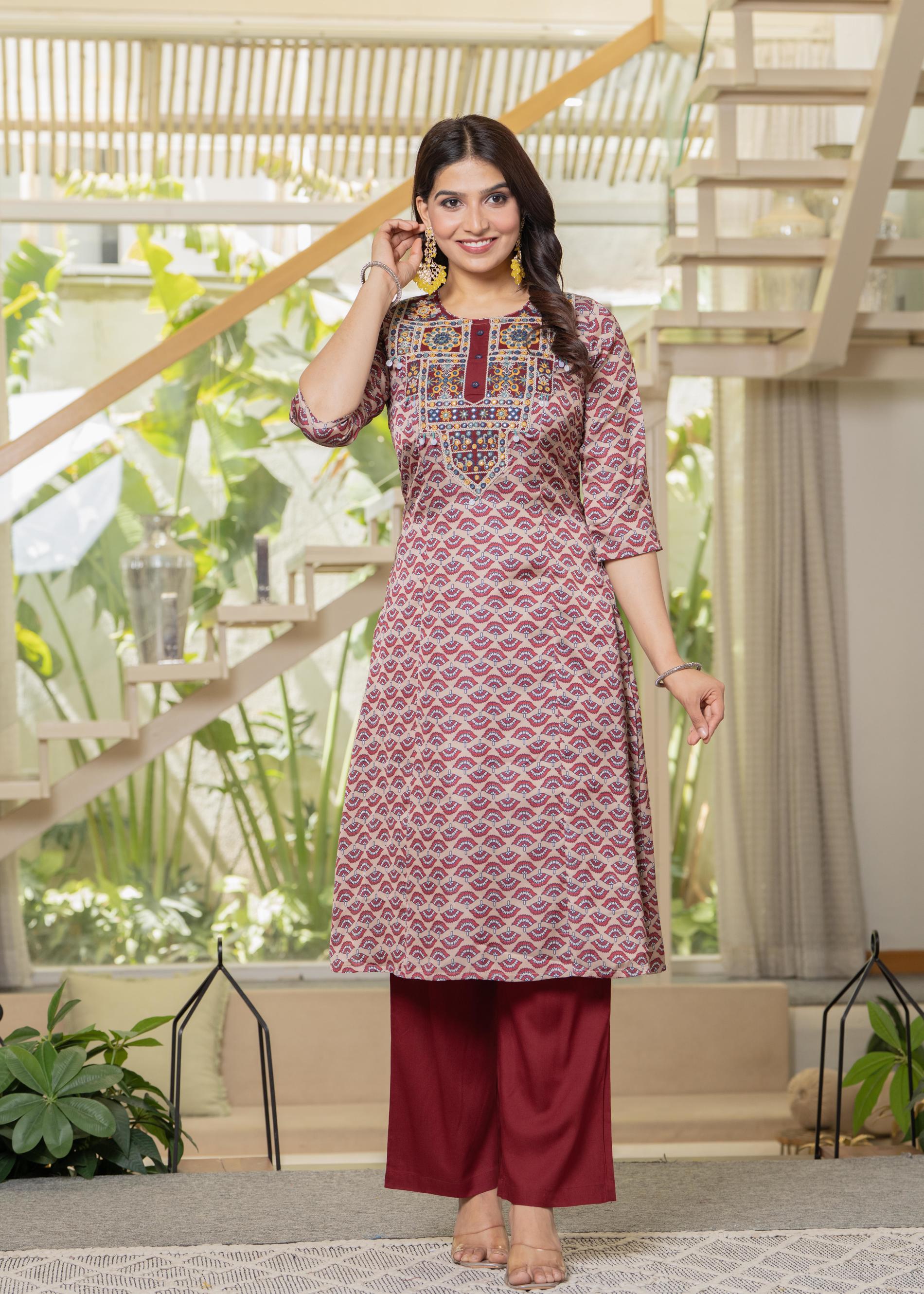 Ivory Floral Poly Kurta and Pants Set with Mirror, Thread Work and tassels Detail