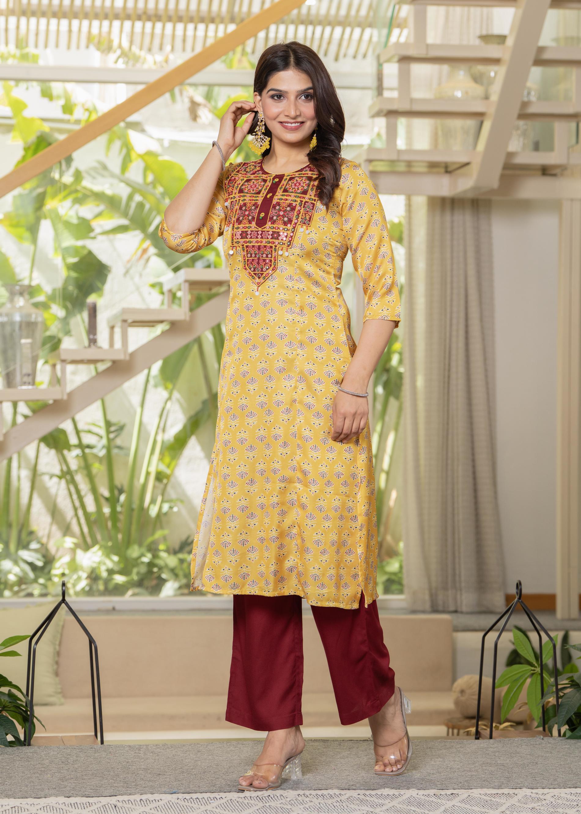Yellow Floral Poly Kurta and Pants Set with Mirror, Thread Work and Telesales Detail