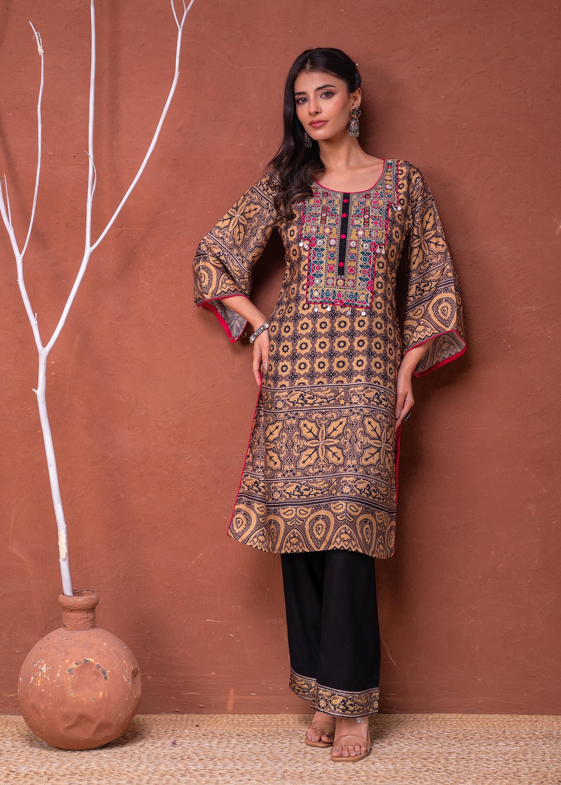 Polycotton Mustard Embroidered Kurta Pant Set with Mirror, Thread Work & Tassels