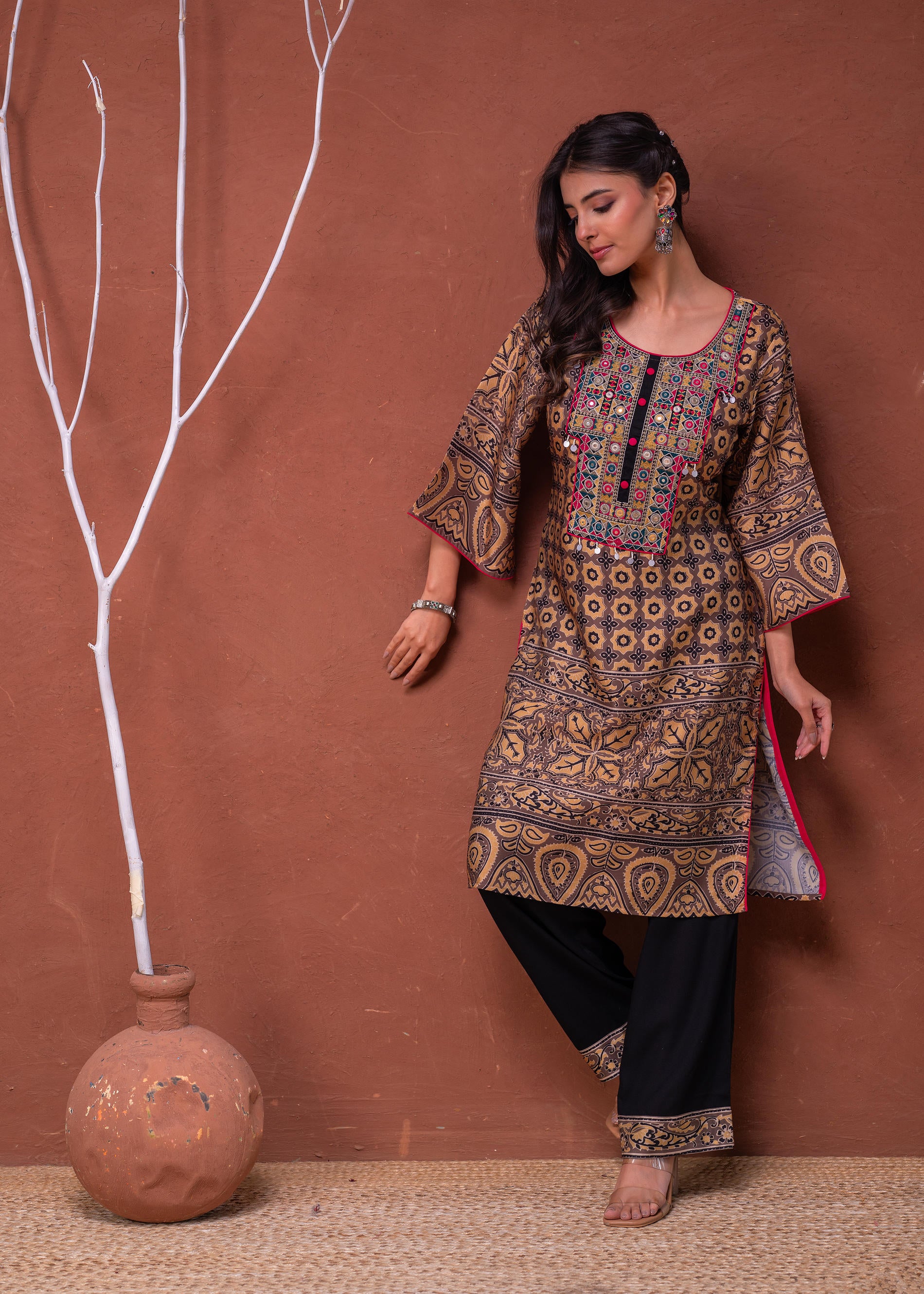 Polycotton Mustard Embroidered Kurta Pant Set with Mirror, Thread Work & Tassels