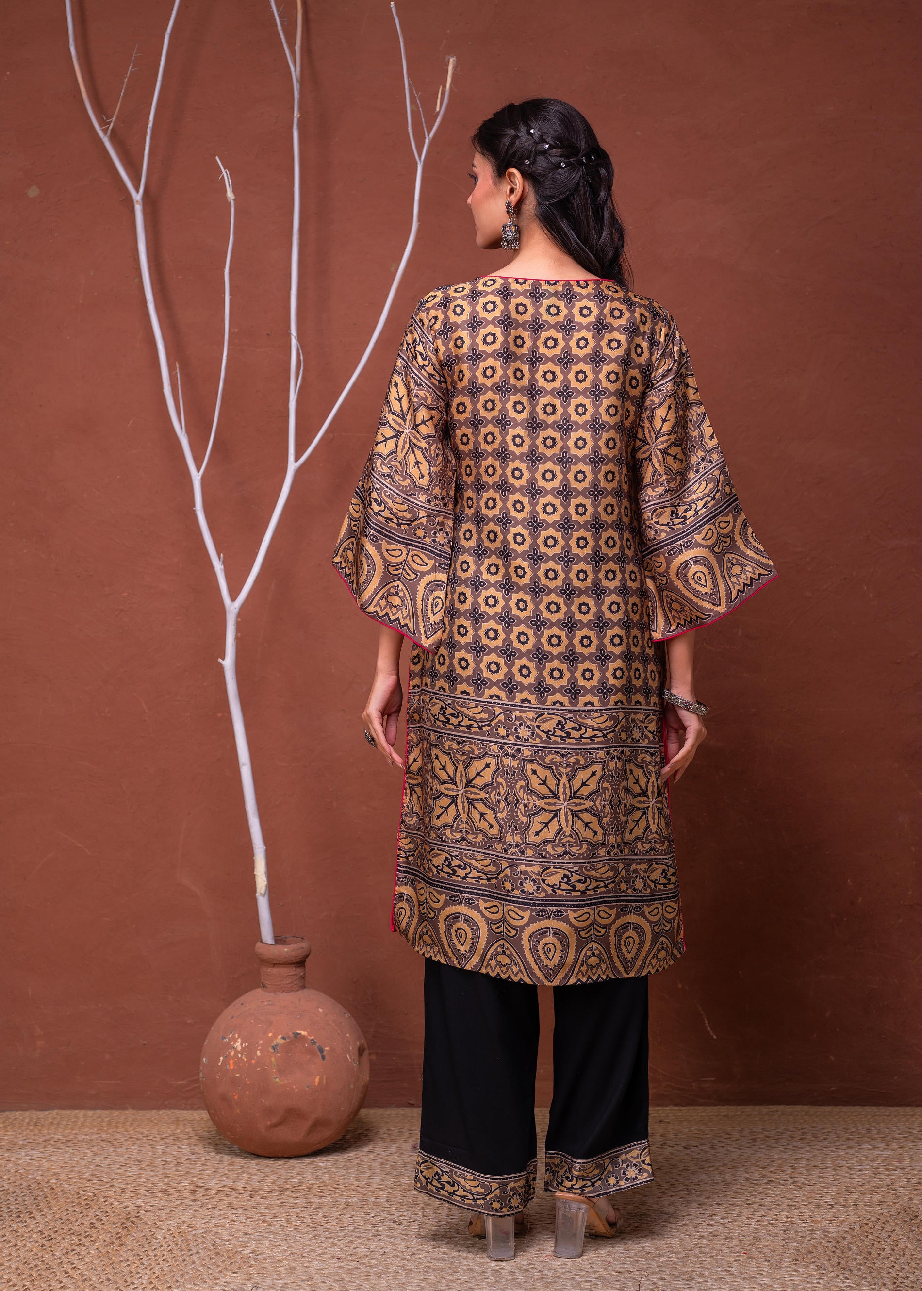 Polycotton Mustard Embroidered Kurta Pant Set with Mirror, Thread Work & Tassels