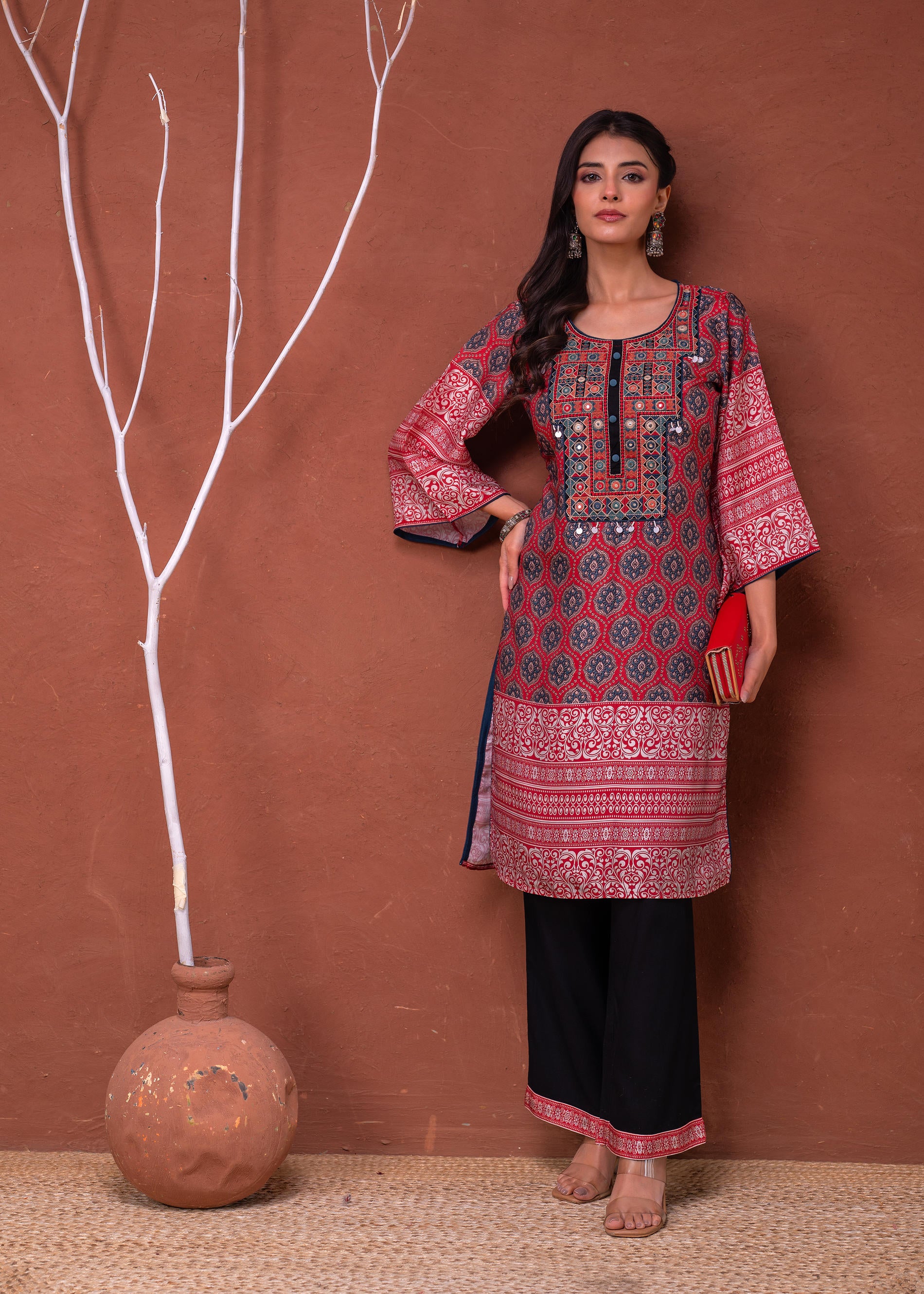 Polycotton Maroon Embroidered Kurta Pant Set with Mirror, Thread Work & Tassels