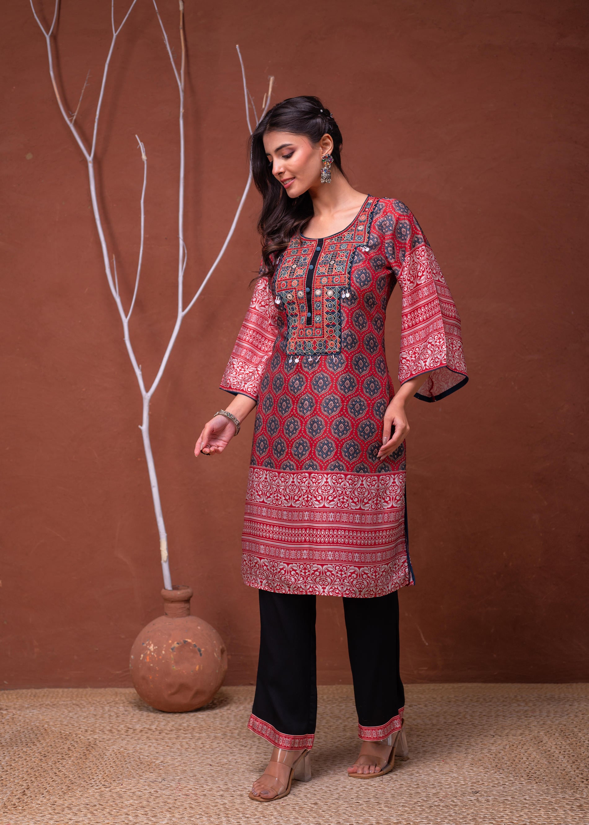 Polycotton Maroon Embroidered Kurta Pant Set with Mirror, Thared Work & Tassels