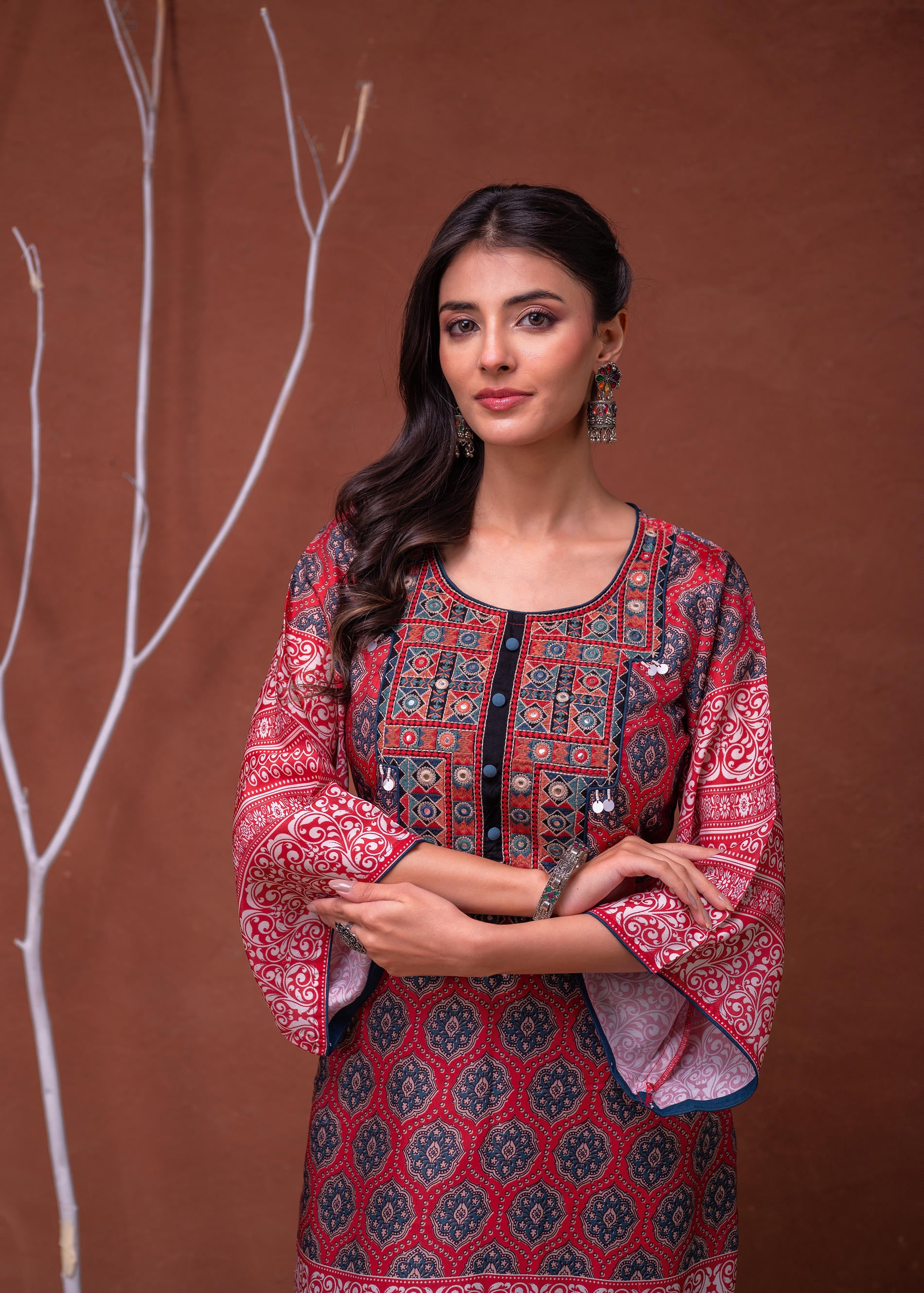 Polycotton Maroon Embroidered Kurta Pant Set with Mirror, Thread Work & Tassels