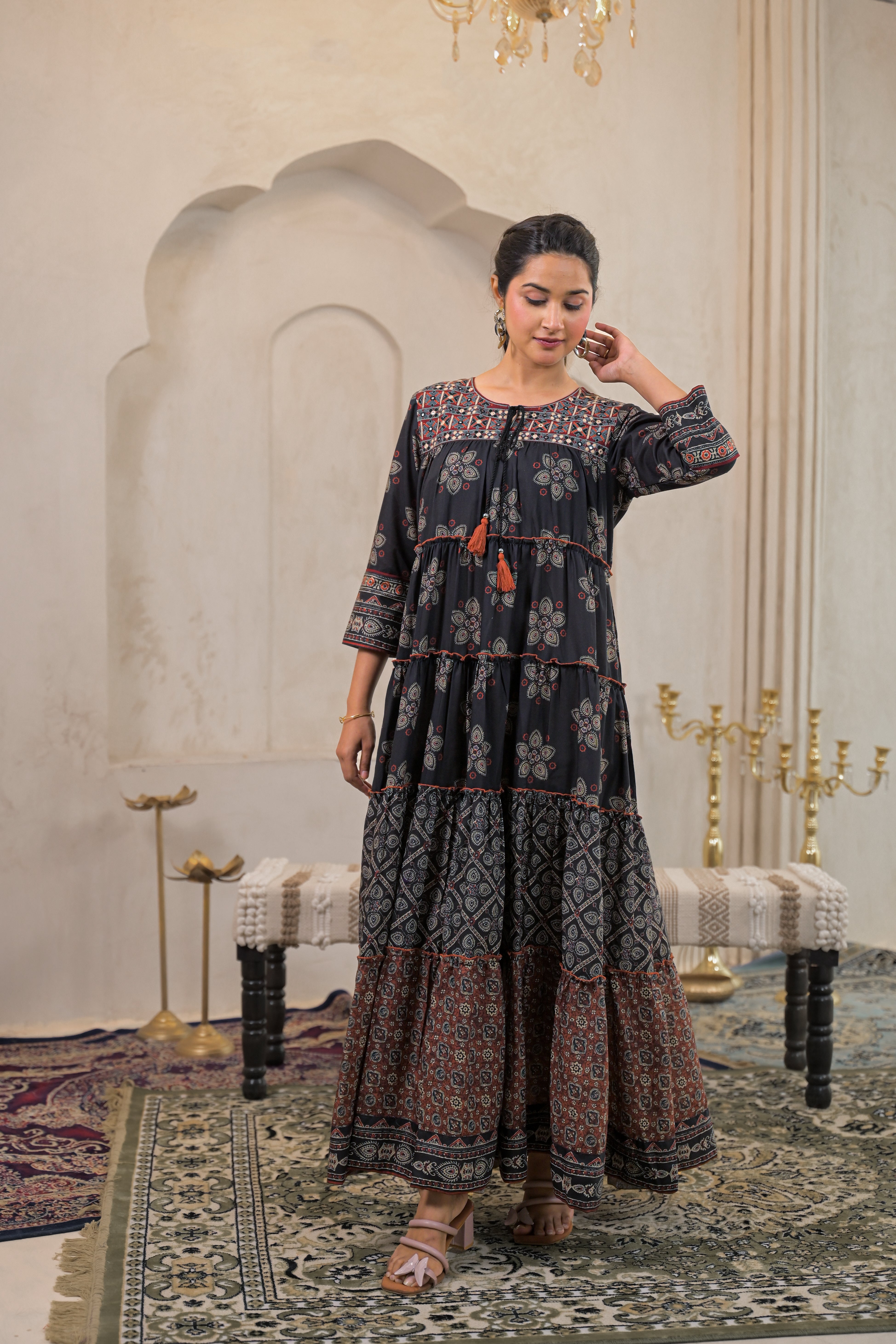 Black Manmade Fiber Ethnic Tiered Flared Longdress With Mirror & Thread Work