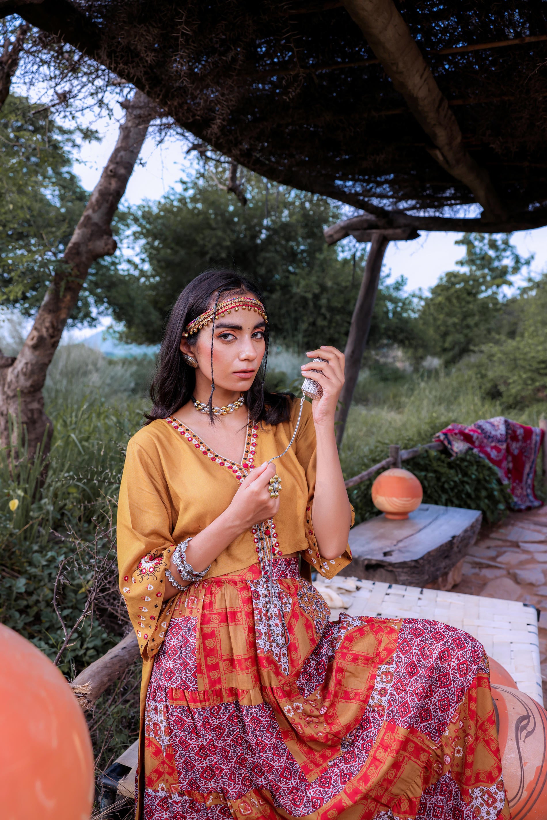 Mustard Floral Embroidered Co-ord Set with Mirror & Thread Work