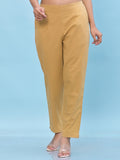 Gold Solid Cotton Pants With Partially Elasticated Waistband And Two Side Pockets