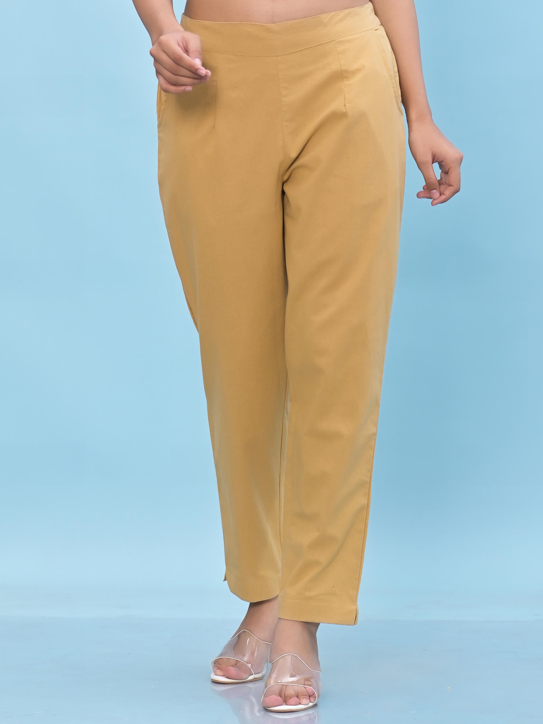Juniper Women Gold Solid Cotton Pants With Partially Elasticated Waistband And Two Side Pockets (Copy)