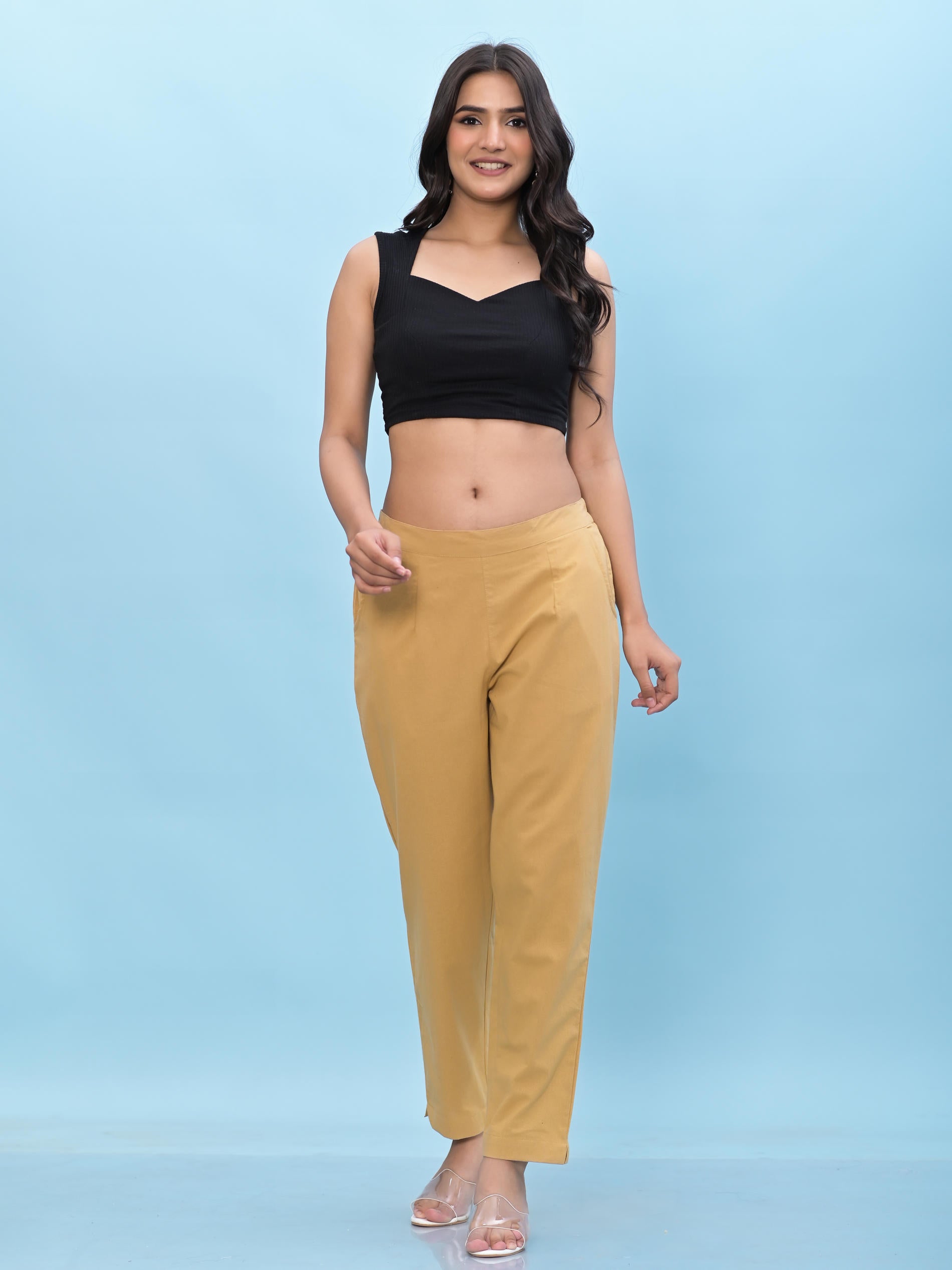 Juniper Women Gold Solid Cotton Pants With Partially Elasticated Waistband And Two Side Pockets (Copy)