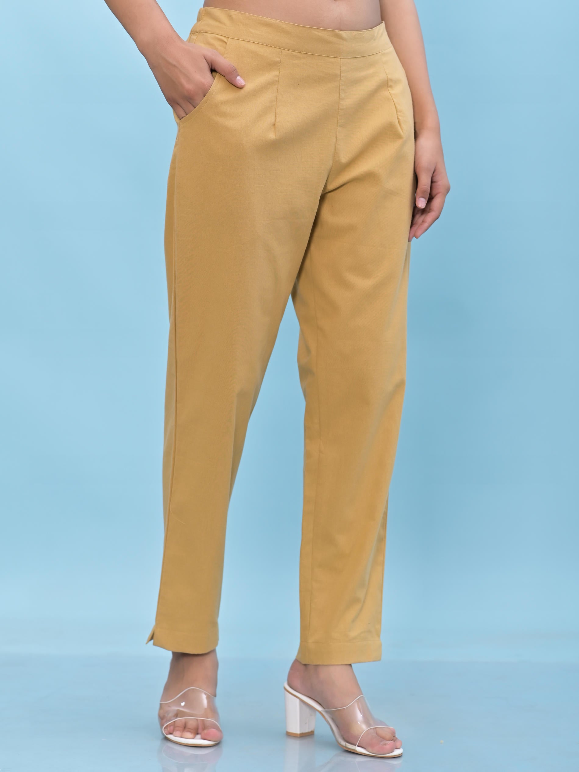 Juniper Women Gold Solid Cotton Pants With Partially Elasticated Waistband And Two Side Pockets (Copy)