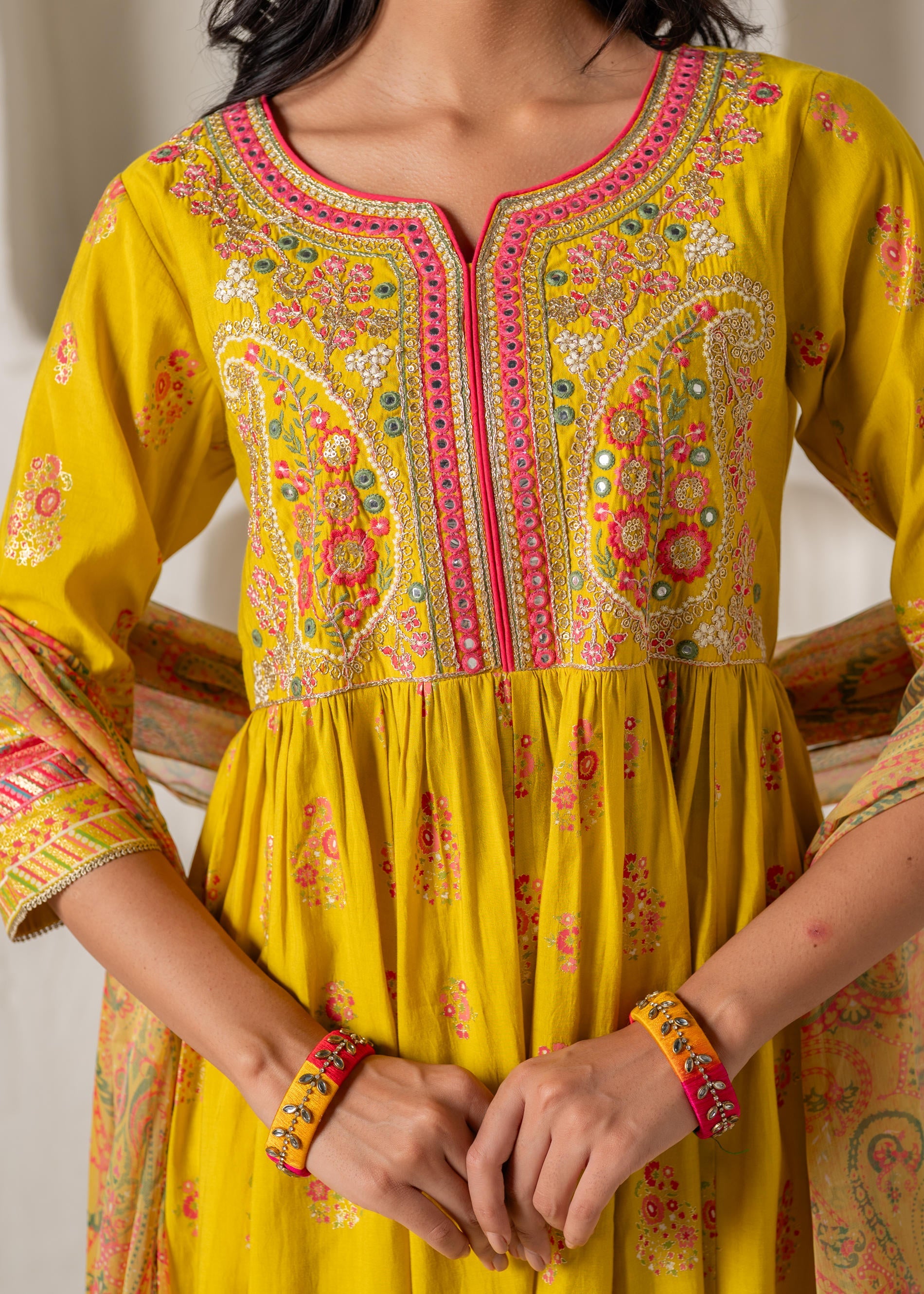Mustard Yellow Embroidered Anarkali Kurta With Printed Dupatta