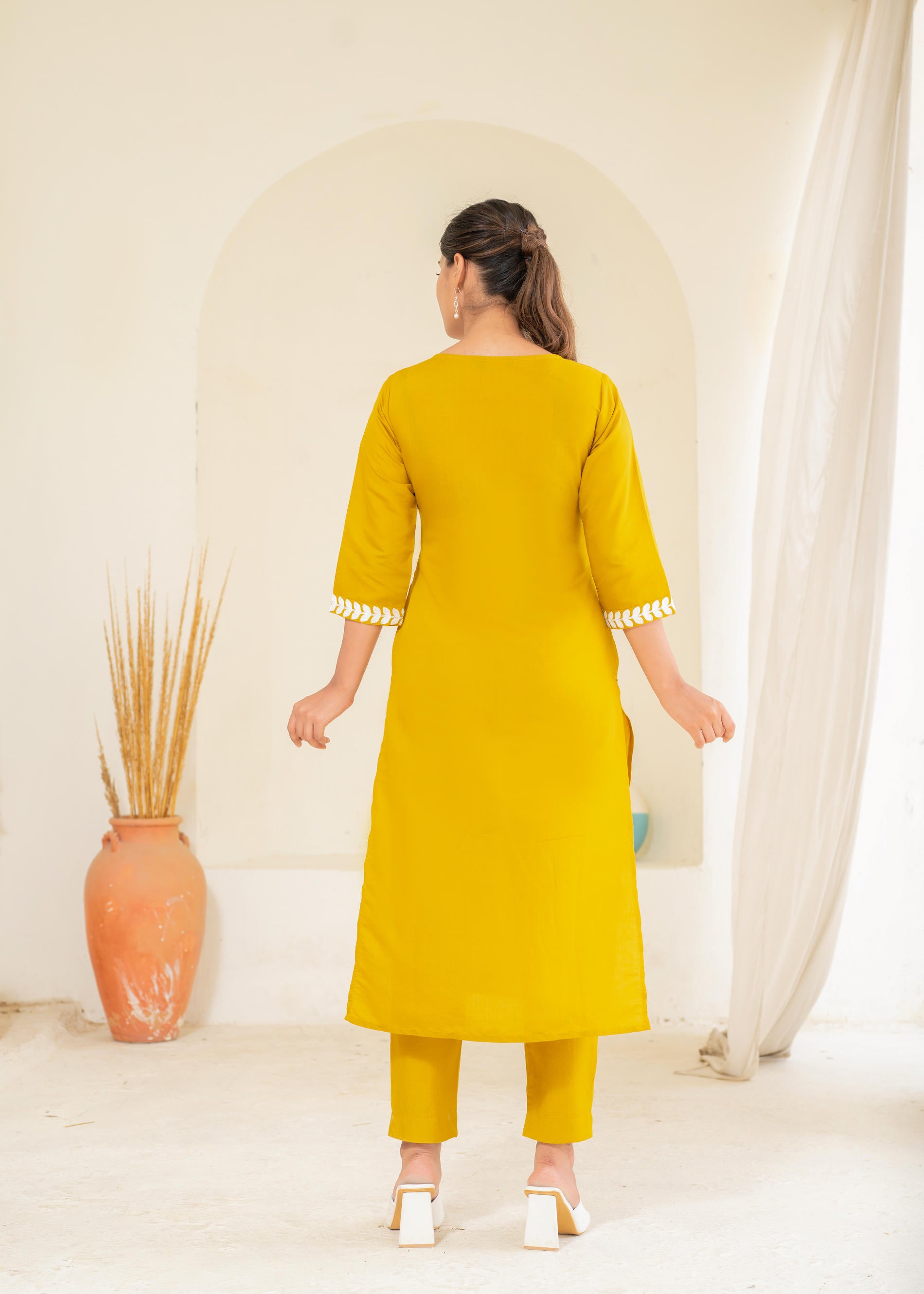 Mustard Solid Embroidered Straight Kurta Pant Set with Thread Work