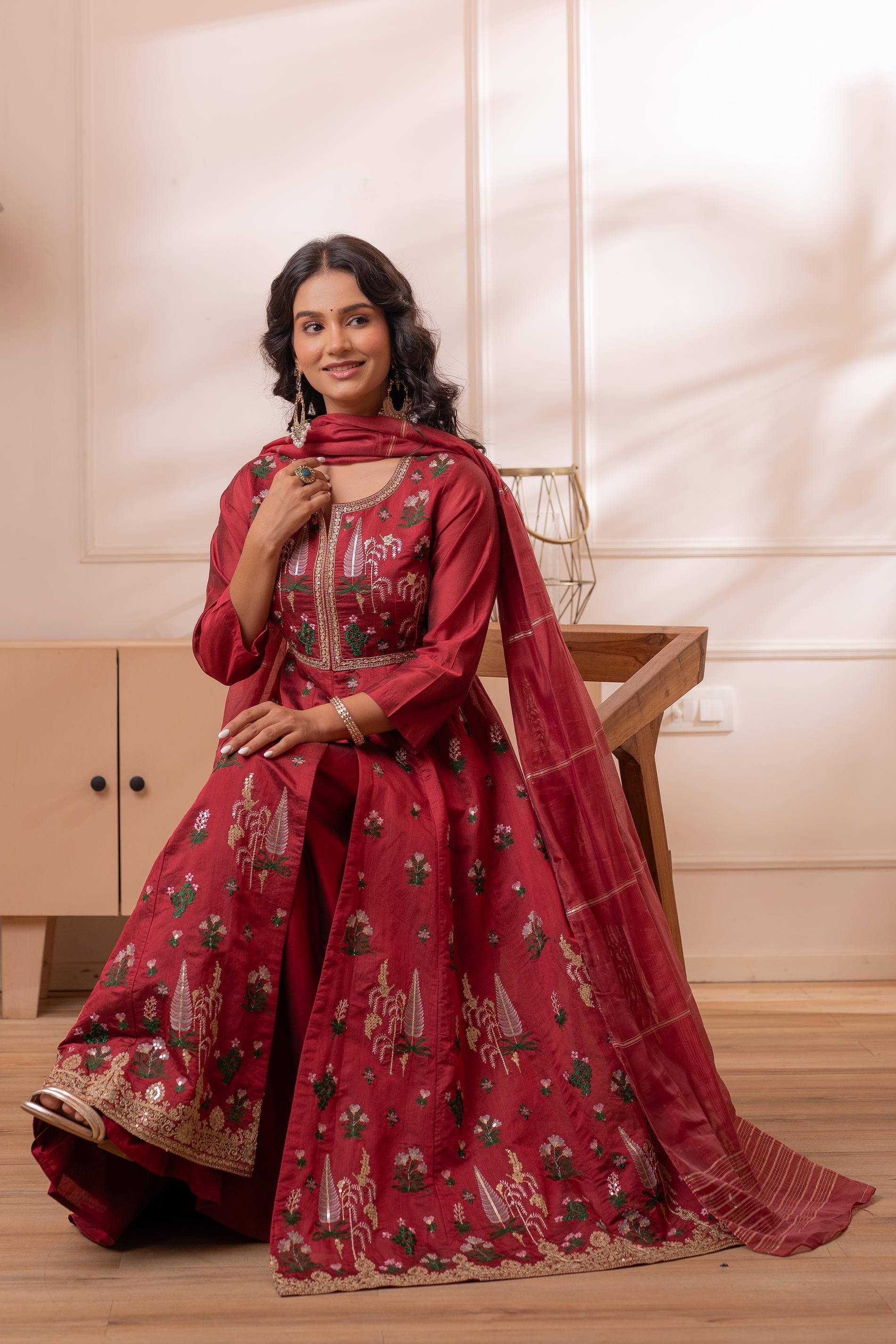 Embroidered Maroon Long Kurta And Skirt With Dupatta