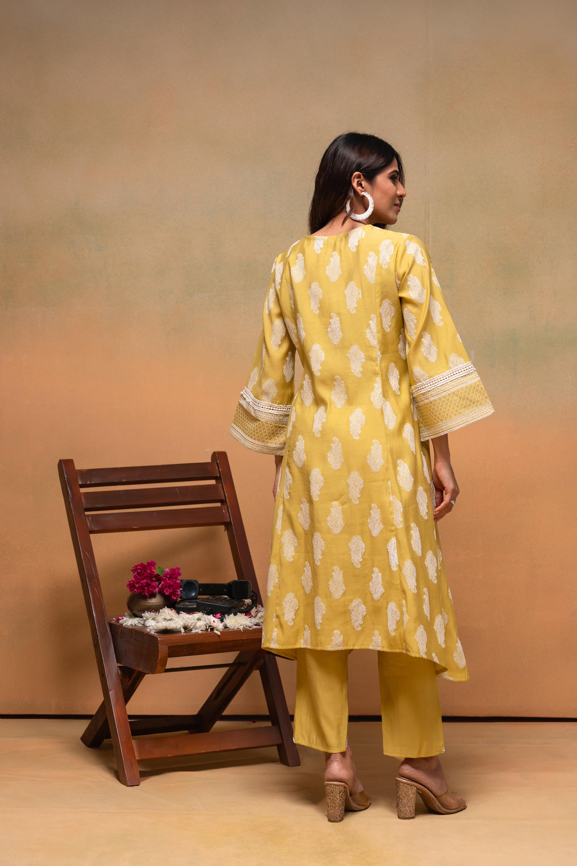 Viscose Yellow Embroidered Kurta Pant Co-ordset with Thread Work & Lace