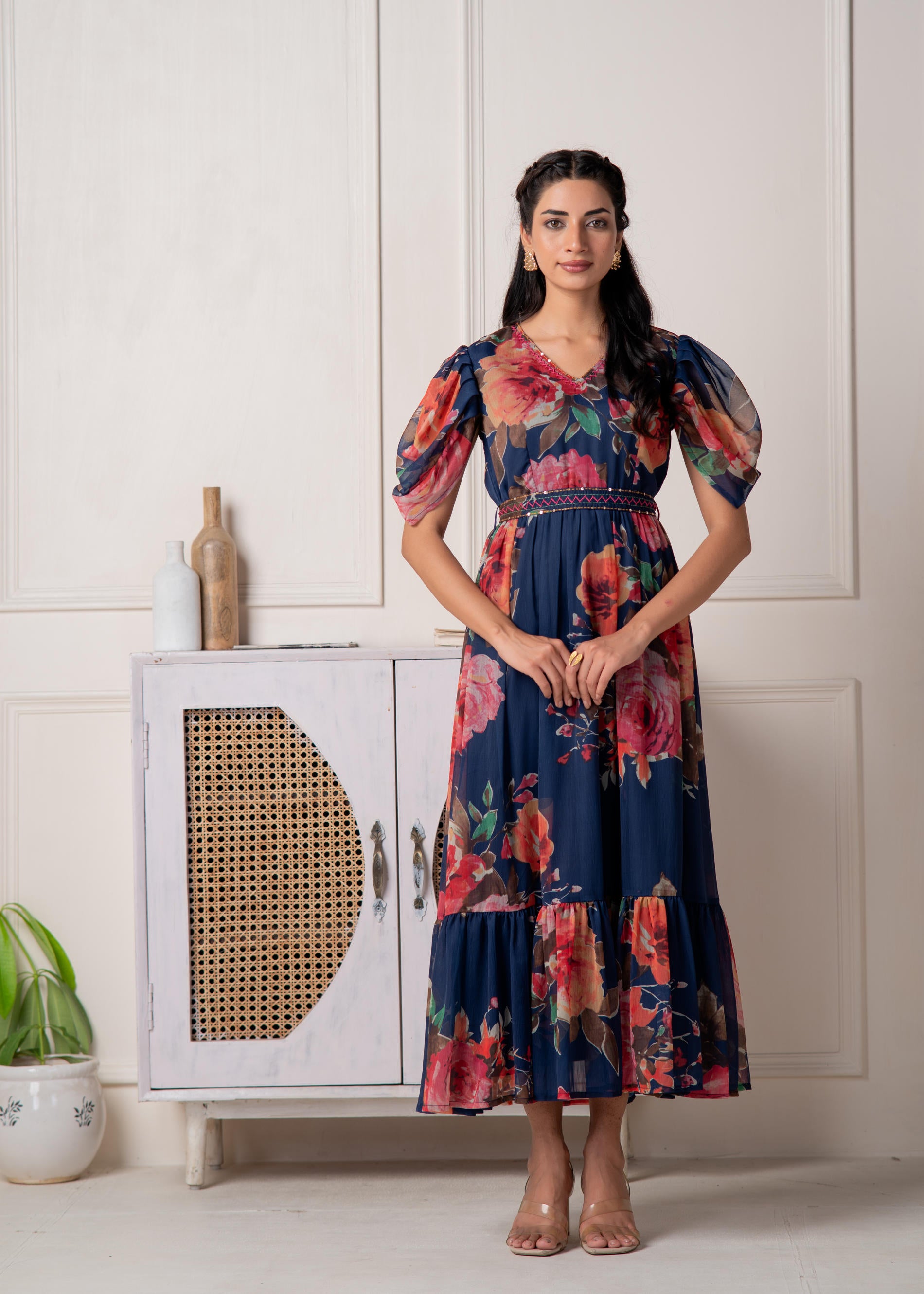 Navy Blue Floral Printed Fit & Flare Maxi Dress