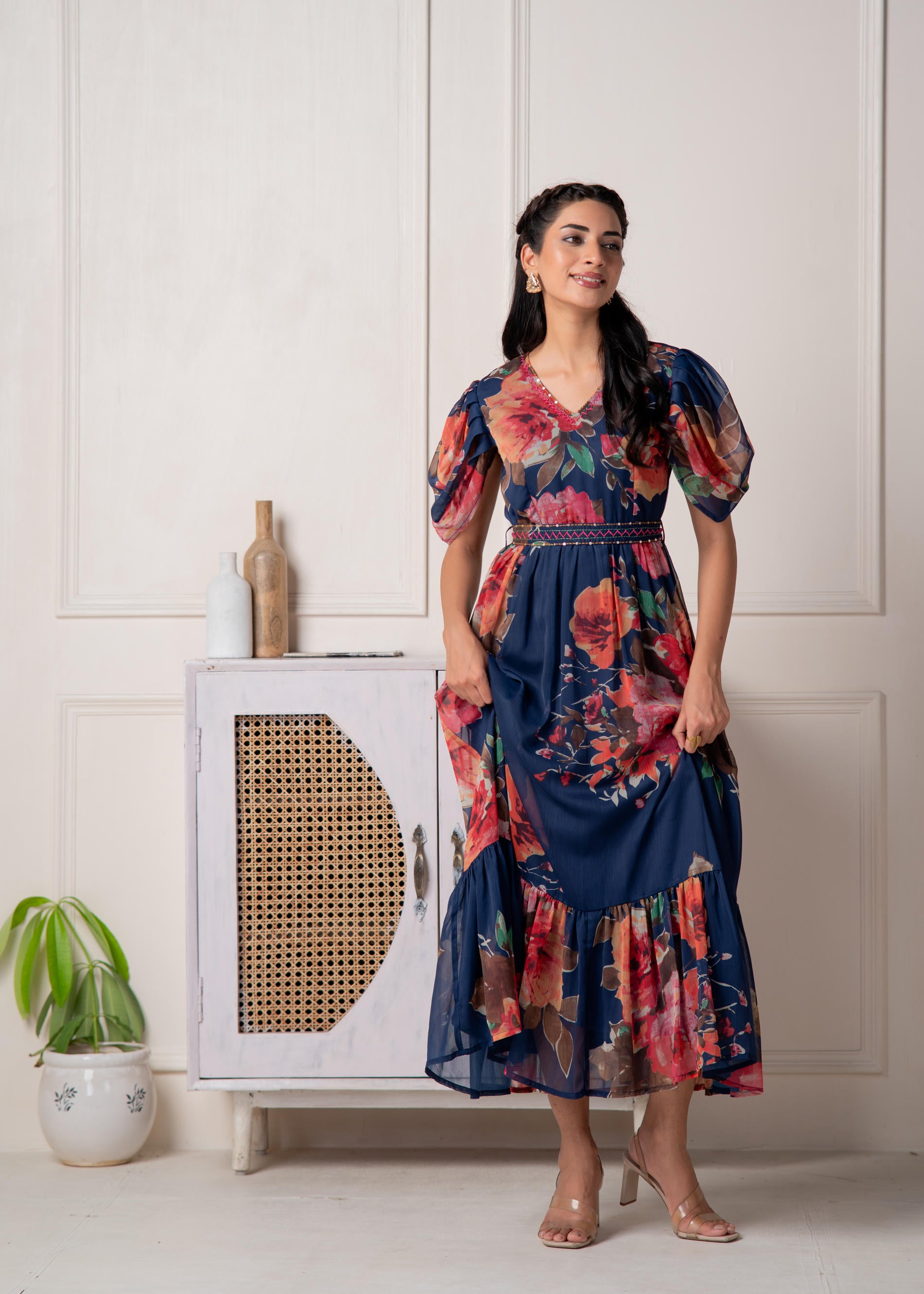 Navy Blue Floral Printed Fit & Flare Maxi Dress