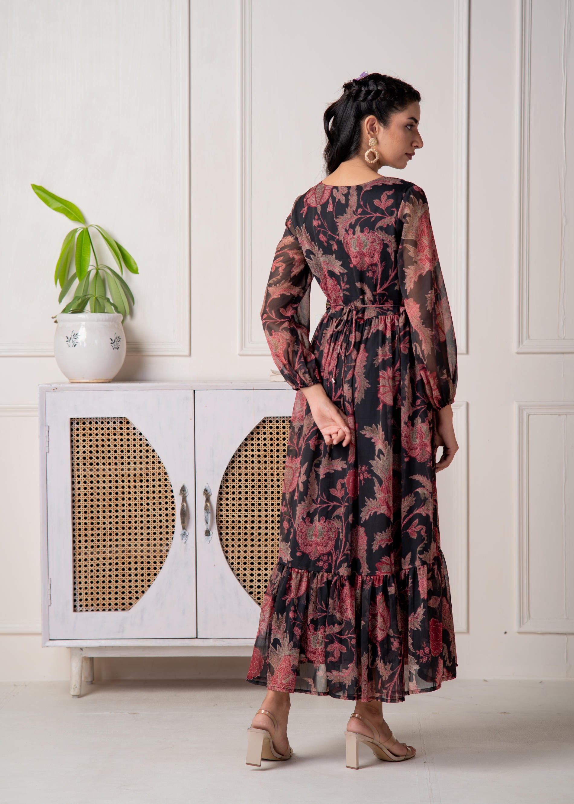 Floral Printed Dress With Sheer Sleeves & Beaded Waist Detailing