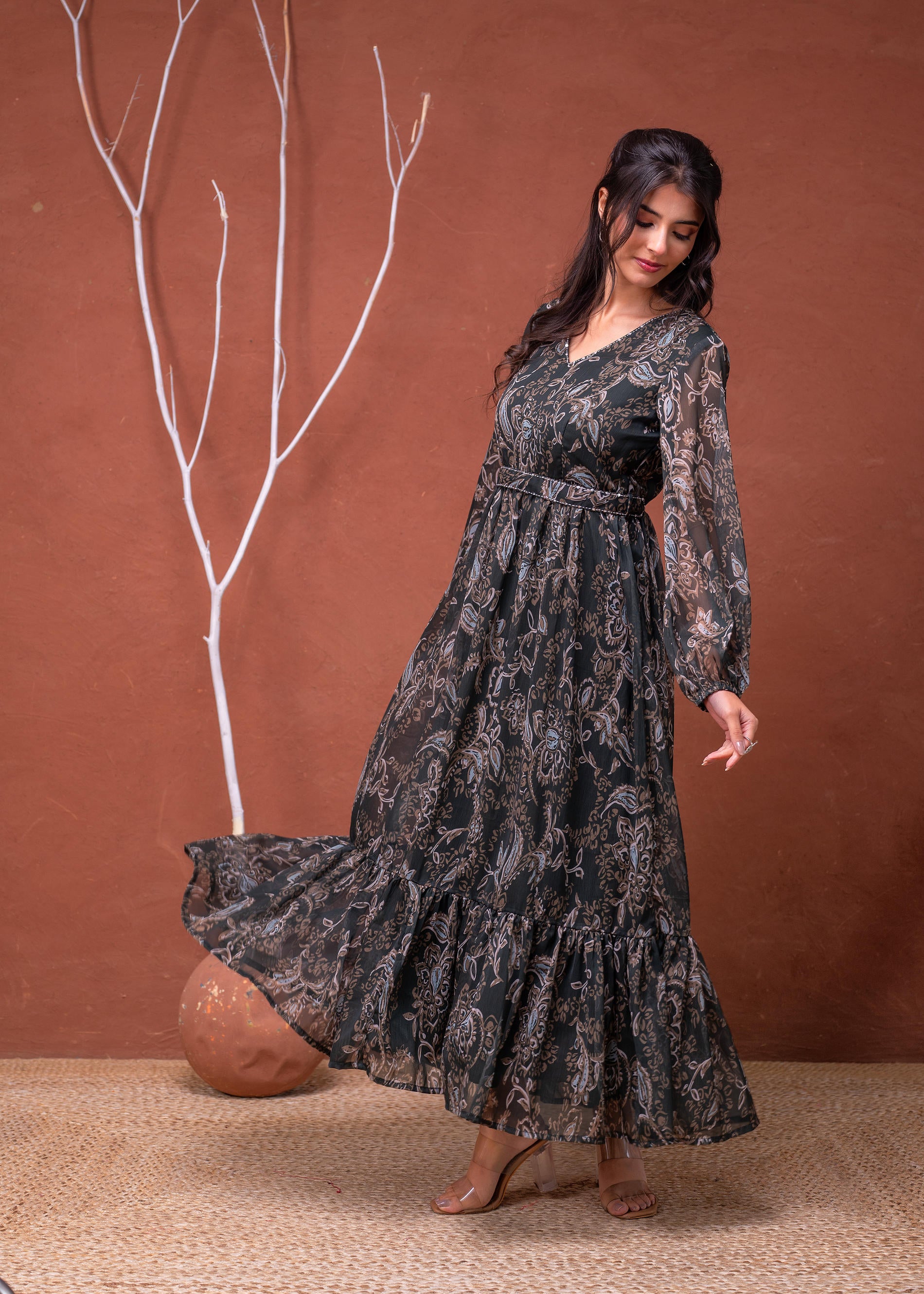 Floral Printed Dress With Sheer Sleeves & Beaded Waist Detailing