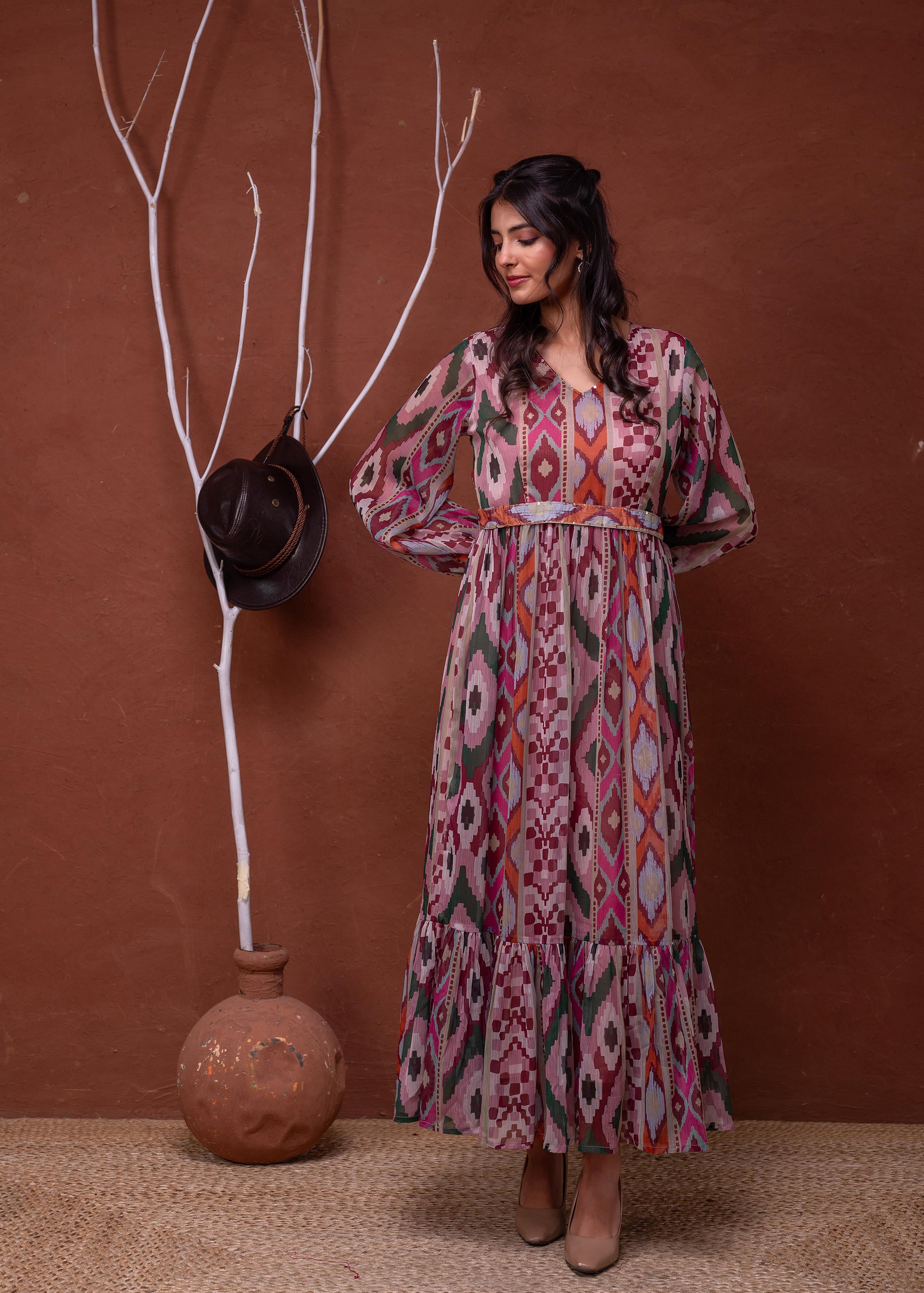 Floral Printed Dress With Sheer Sleeves & Beaded Waist Detailing