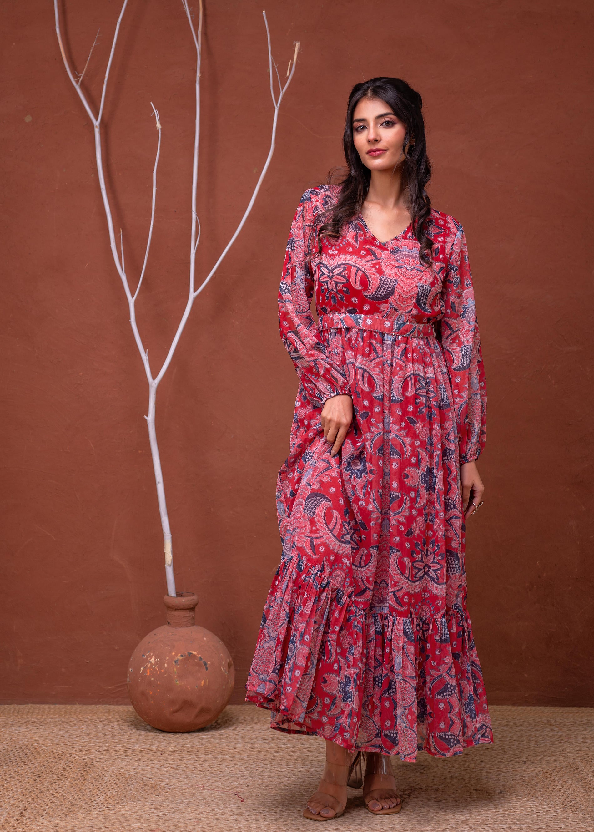 Floral Printed Dress With Sheer Sleeves & Beaded Waist Detailing