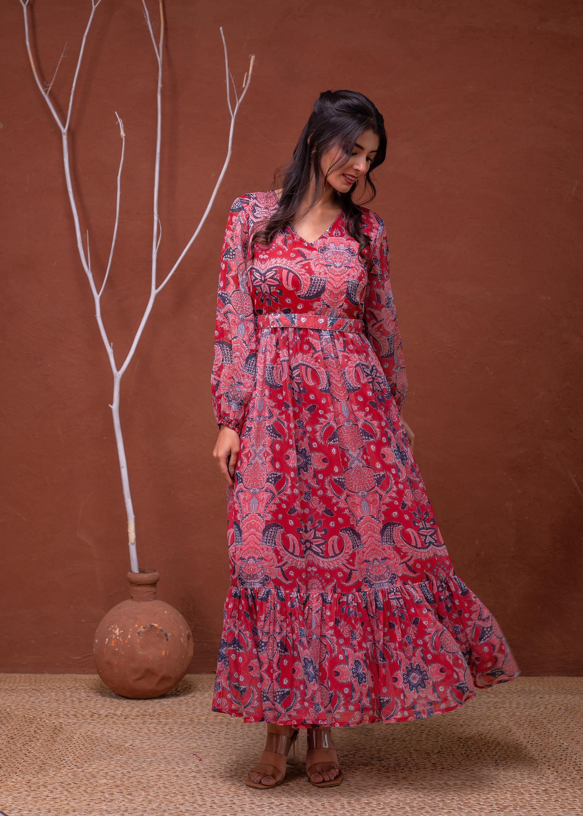 Floral Printed Dress With Sheer Sleeves & Beaded Waist Detailing