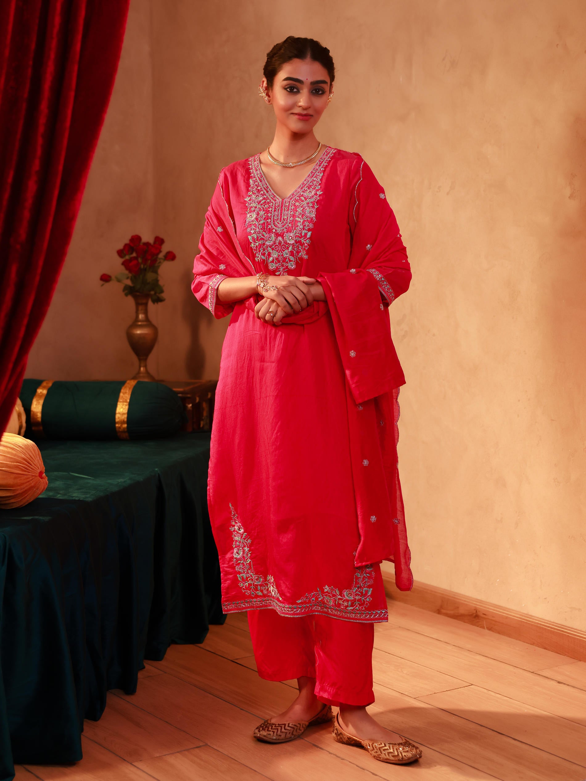 Fuchsia Viscose Straight Kurta with Pants & Dupatta Set with Thread & Zari Work
