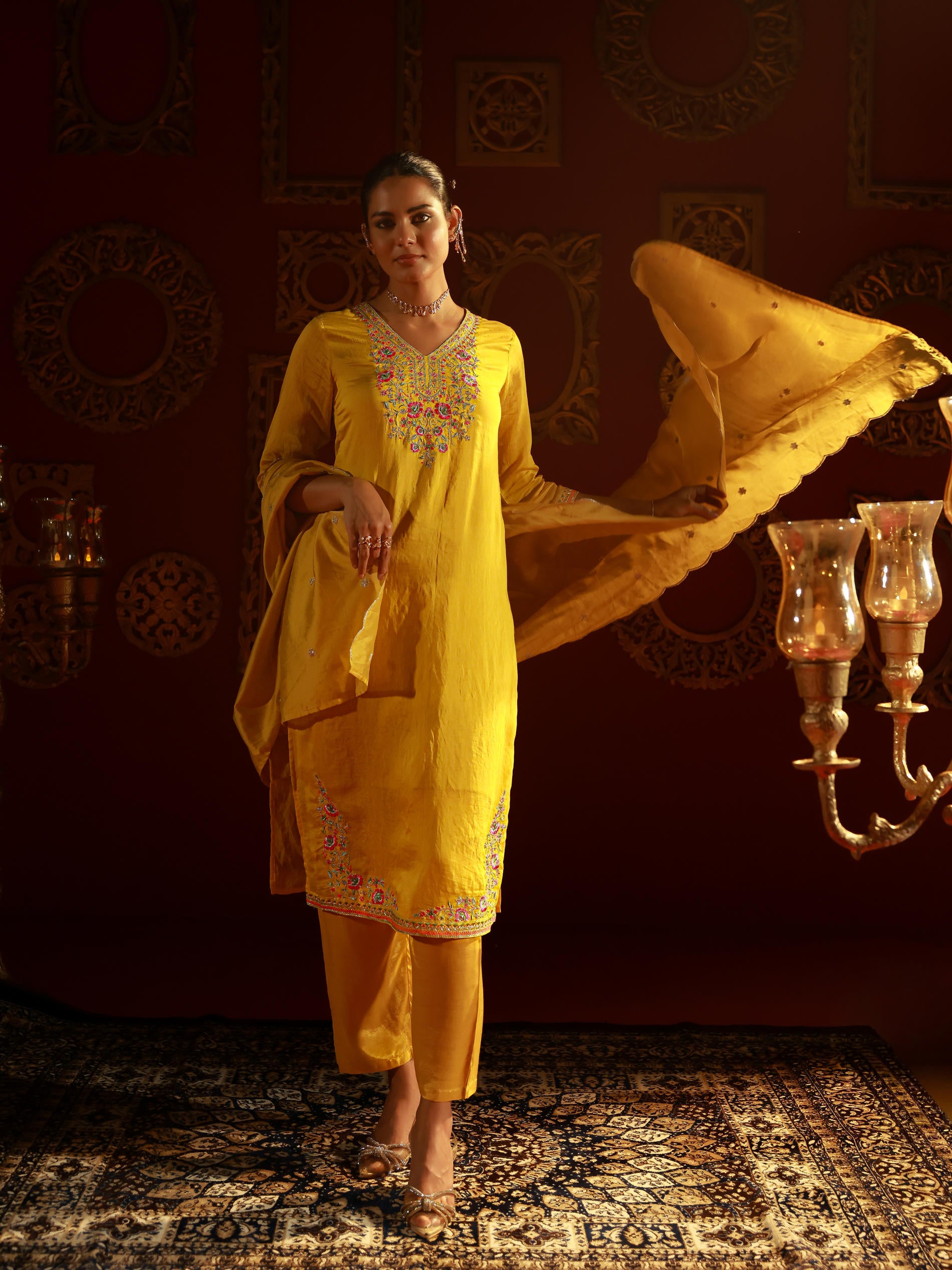 Mustard Viscose Kurta with Pants & Dupatta Set with Thread & Zari Work