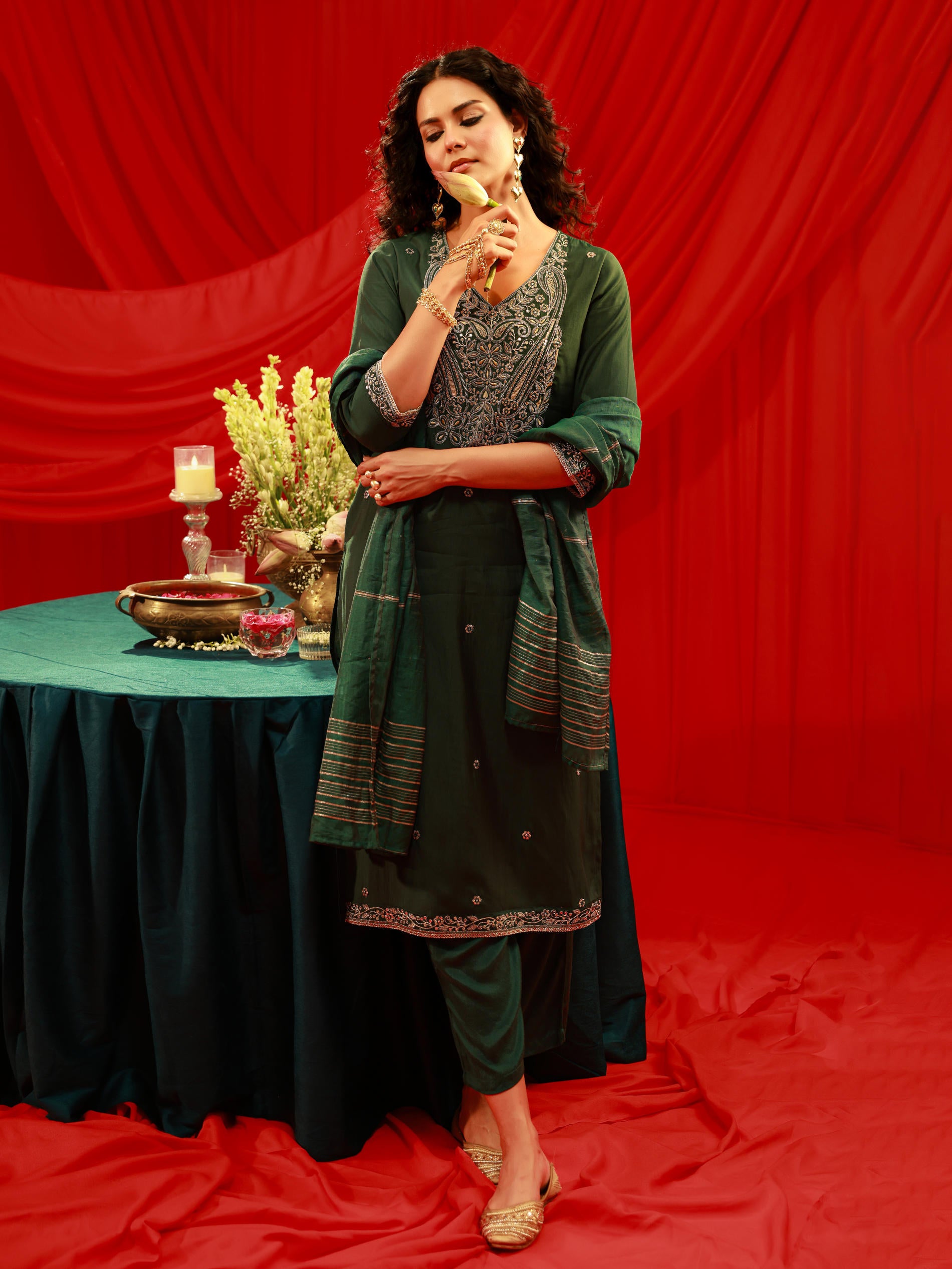 Bottle Green Viscose Straight Kurta with Pants & Dupatta Set with Zari & Sequence Work