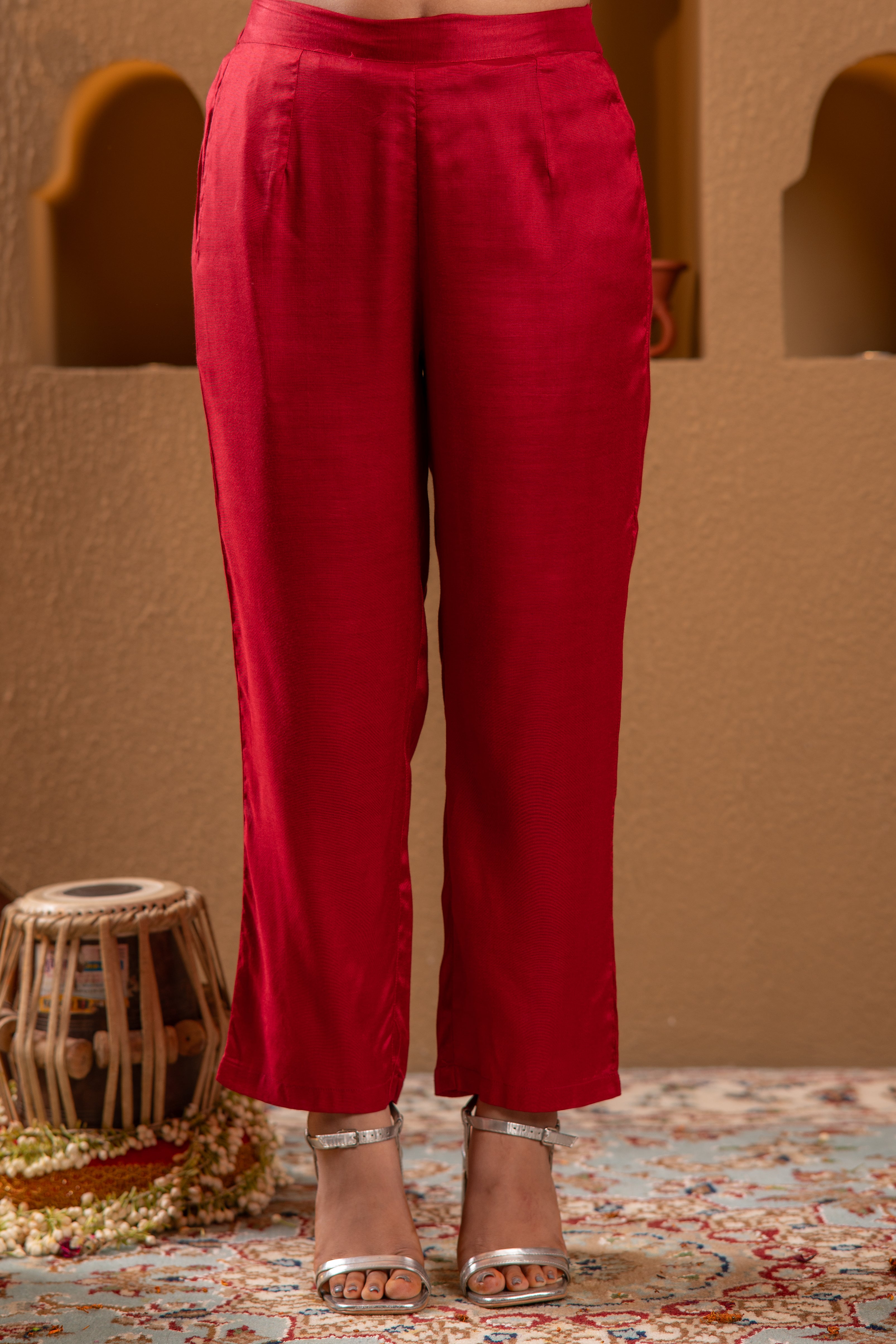Red Embroidered Straight Kurta With Pant & Striped Dupatta