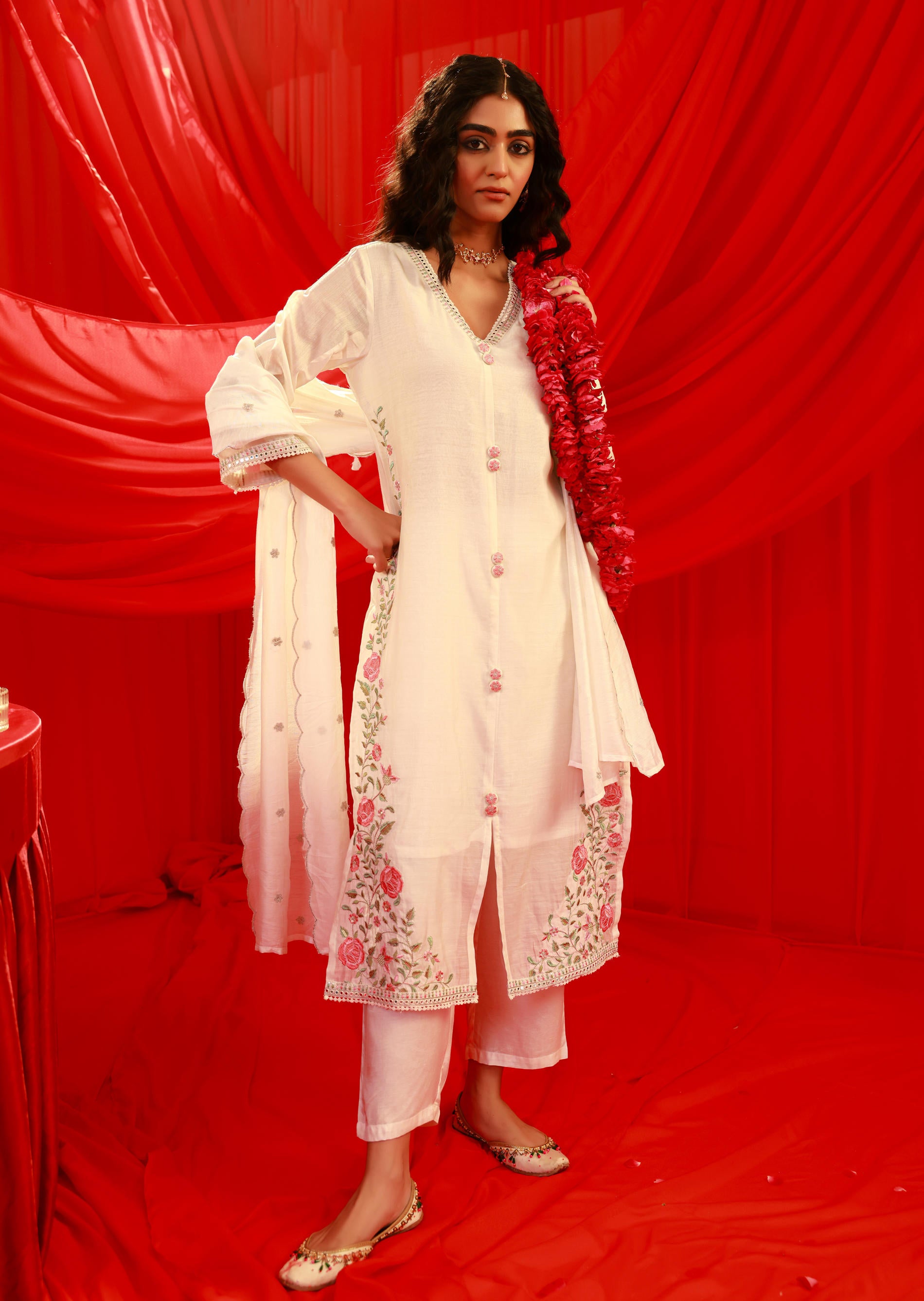 Ivory Viscose Kurta with Pants & Dupatta Set with Mirror & Thread Work