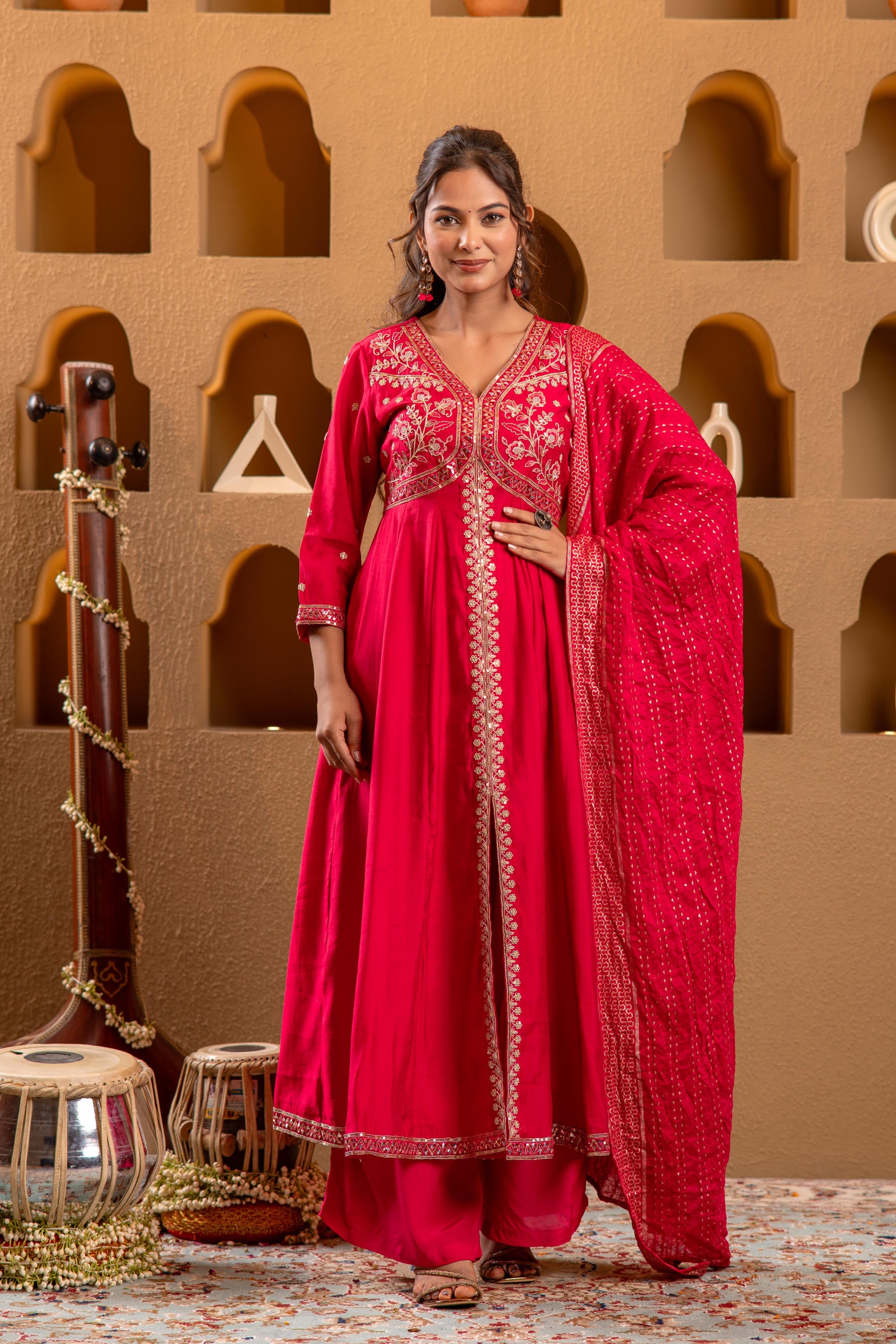 Magenta Viscose Solid Fit & Flared Kurta With Pants & Dupatta Set With Mirror, Thread, Dori & Sequence Work