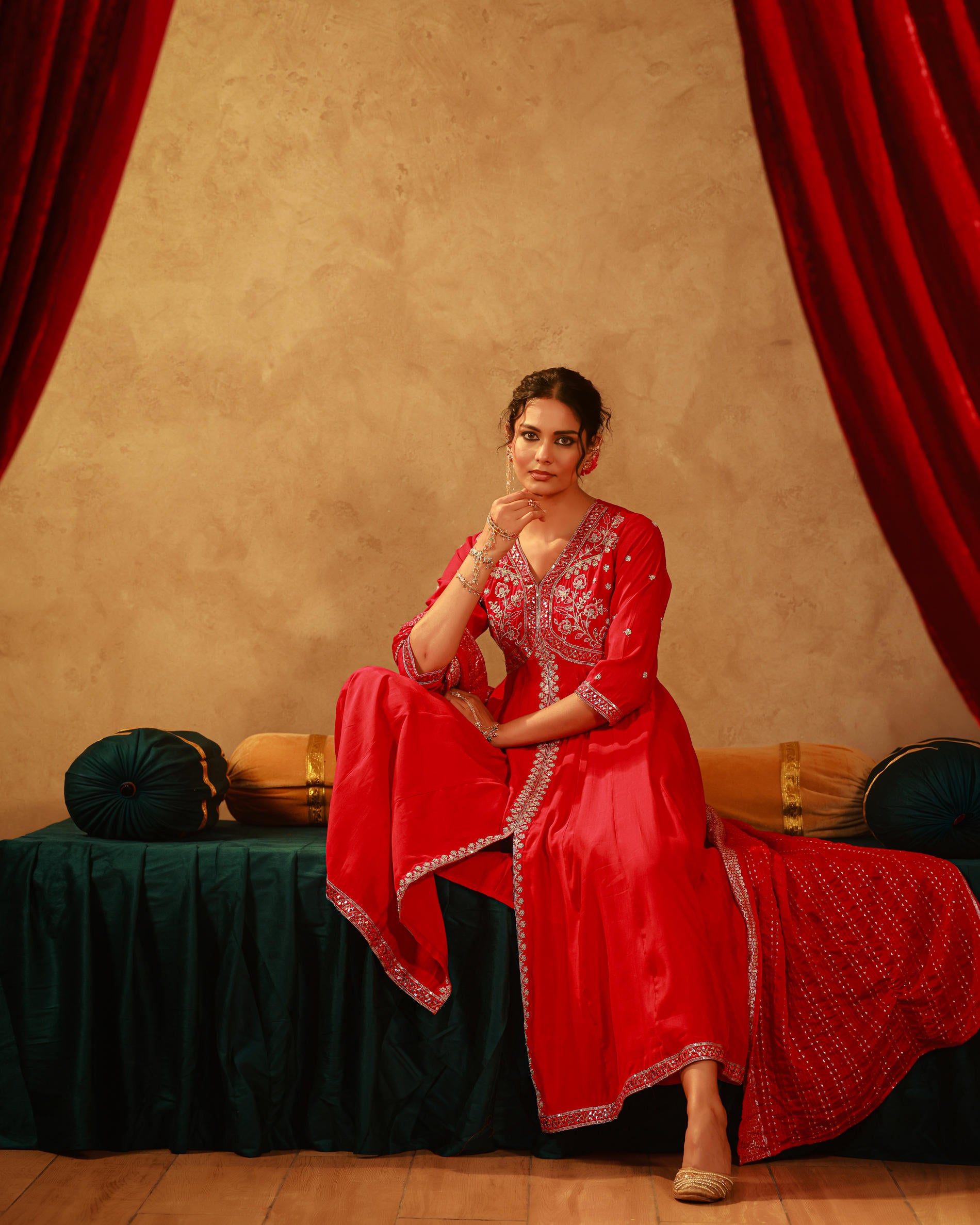Magenta Viscose Solid Fit & Flared Kurta With Pants & Dupatta Set With Mirror, Thread, Dori & Sequence Work