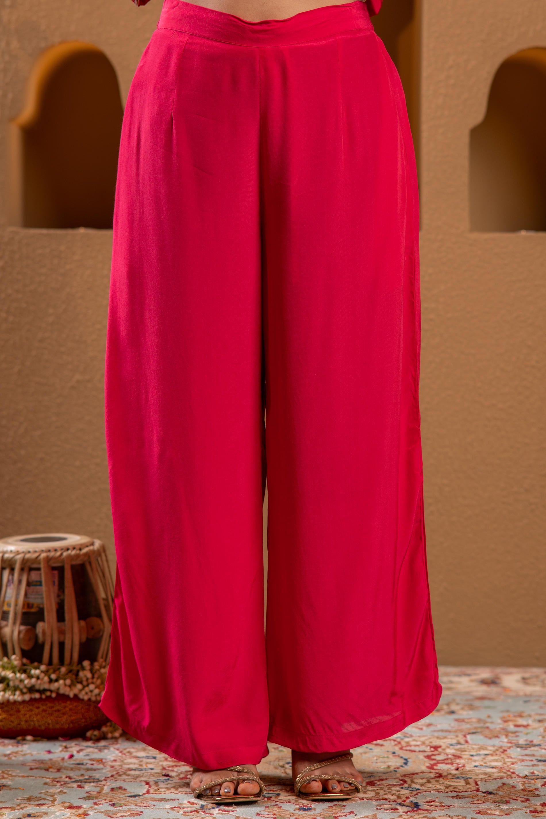 Magenta Viscose Solid Fit & Flared Kurta With Pants & Dupatta Set With Mirror, Thread, Dori & Sequence Work