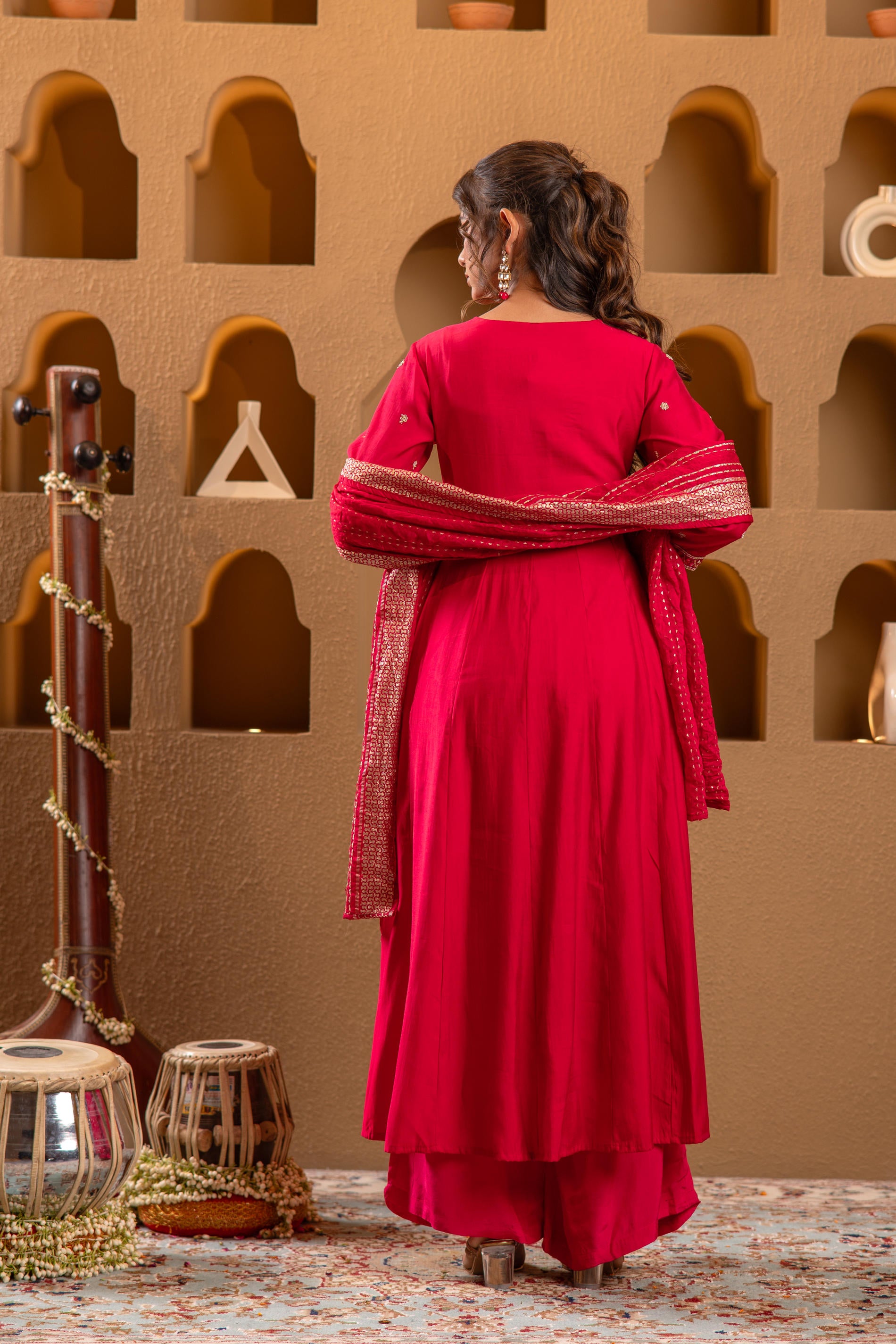 Magenta Viscose Solid Fit & Flared Kurta With Pants & Dupatta Set With Mirror, Thread, Dori & Sequence Work
