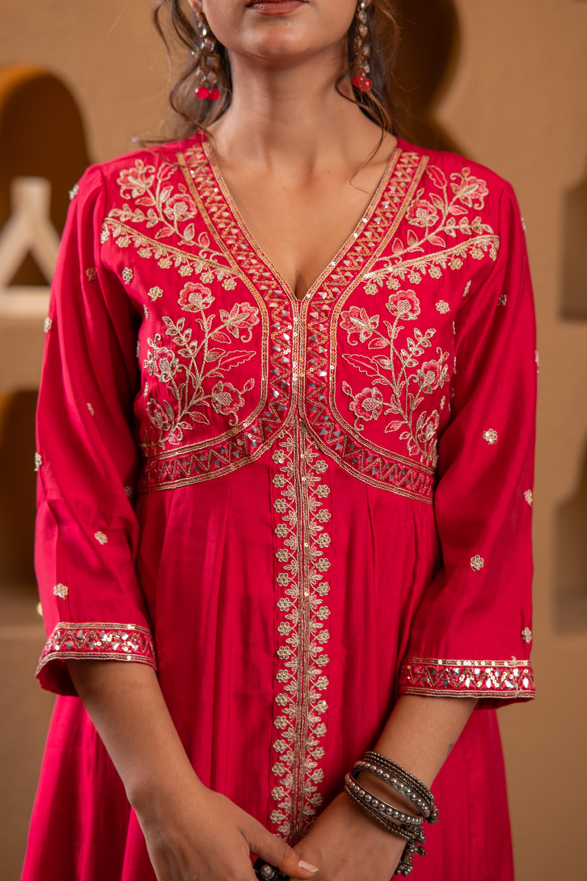 Magenta Viscose Solid Fit & Flared Kurta With Pants & Dupatta Set With Mirror, Thread, Dori & Sequence Work