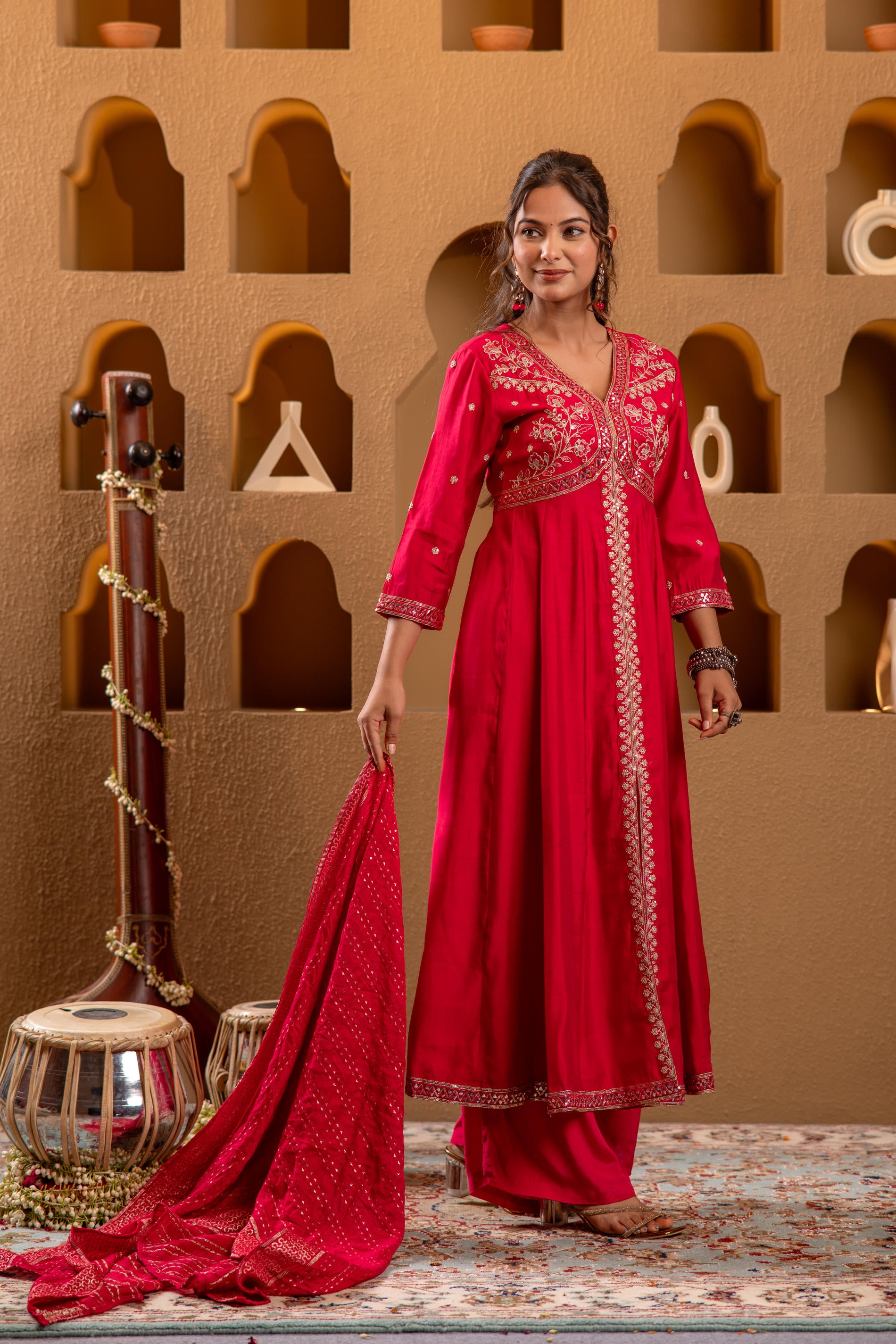 Magenta Viscose Solid Fit & Flared Kurta With Pants & Dupatta Set With Mirror, Thread, Dori & Sequence Work