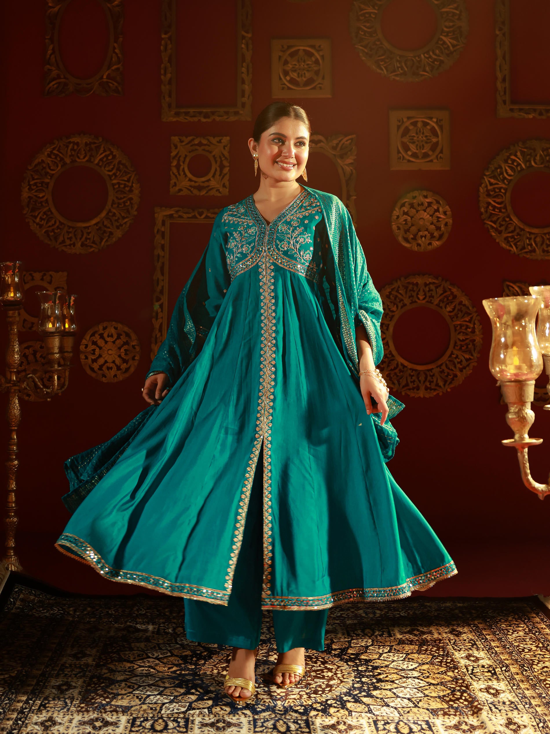 Rama Green Viscose Solid Fit & Flared Kurta With Pants & Dupatta Set With Mirror, Thread, Dori & Sequence Work