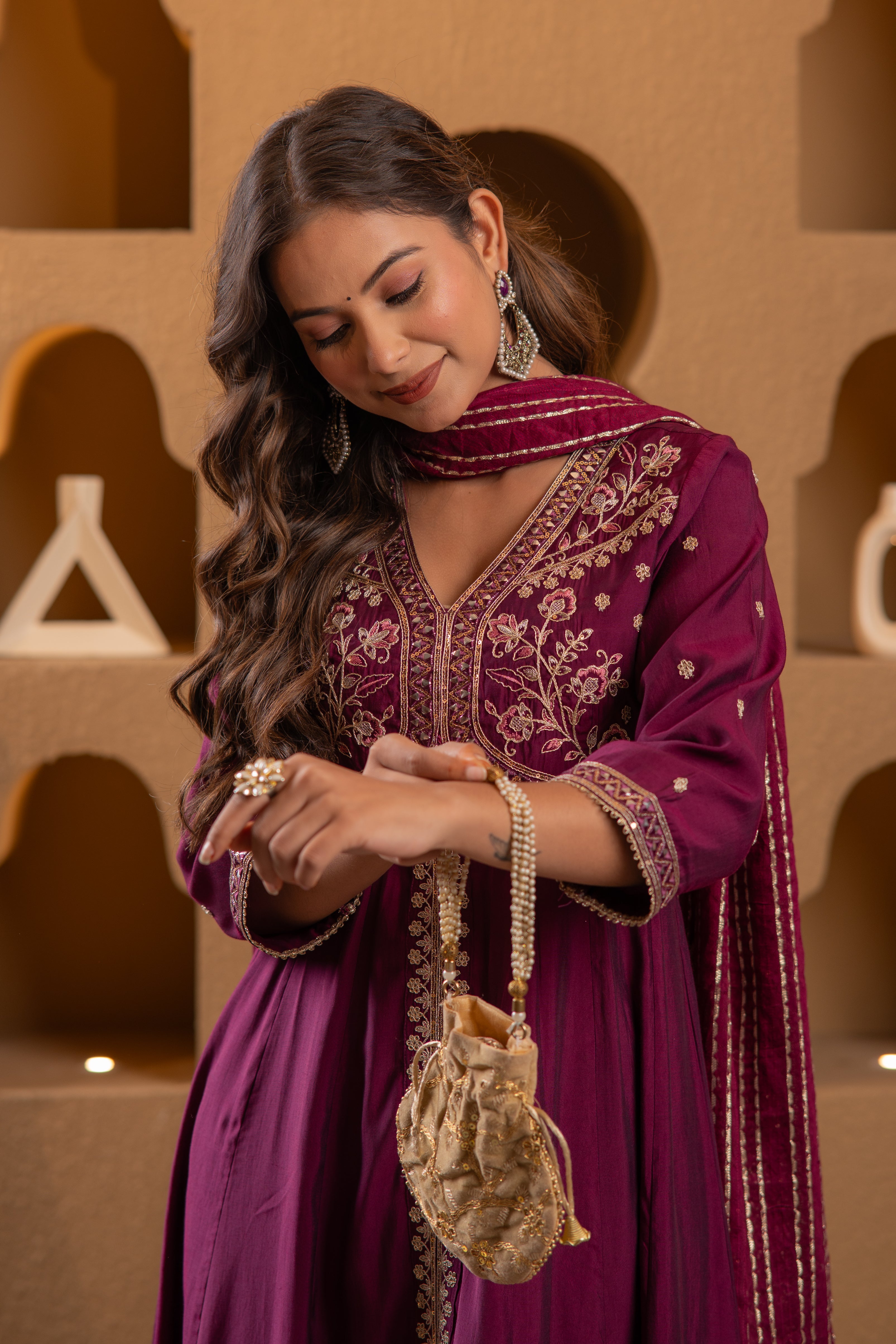 Wine Viscose Solid Fit & Flared Kurta With Pants & Dupatta Set With Mirror, Thread, Dori & Sequence Work