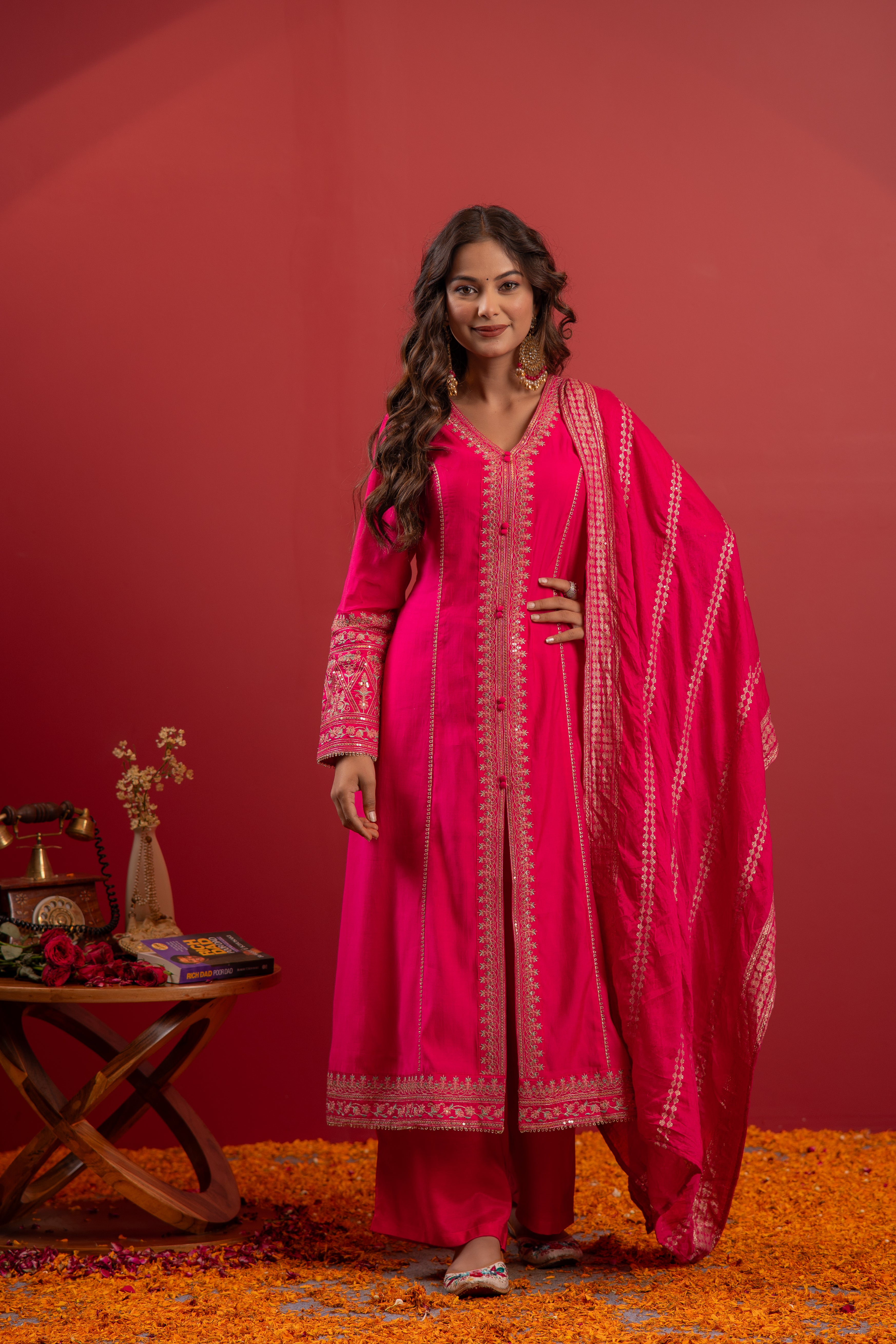 Fuchsia Viscose Solid A-Line Kurta With Pants & Dupatta Set With Zari, Sequence & Dori Work