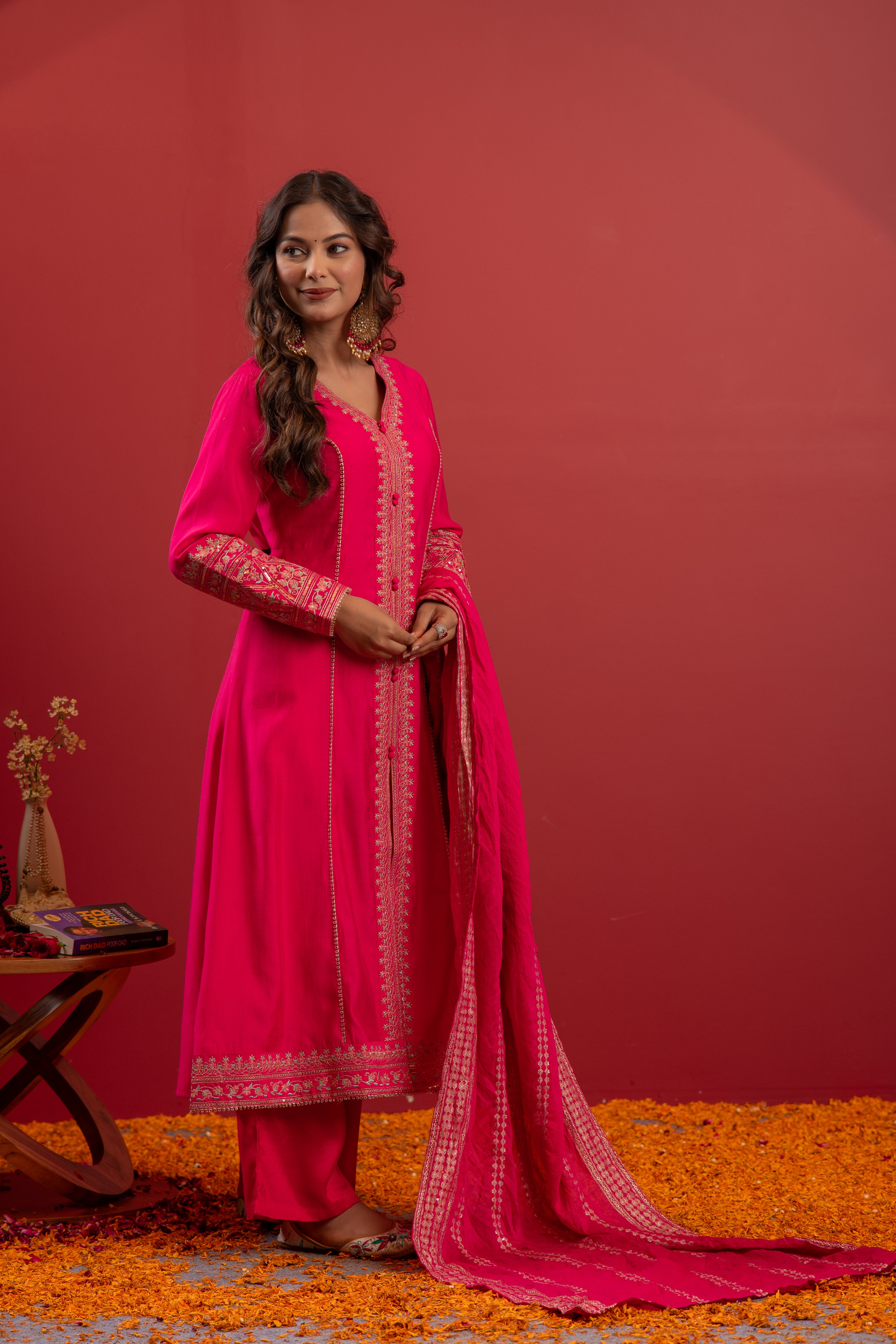 Fuchsia Viscose Solid A-Line Kurta With Pants & Dupatta Set With Zari, Sequence & Dori Work